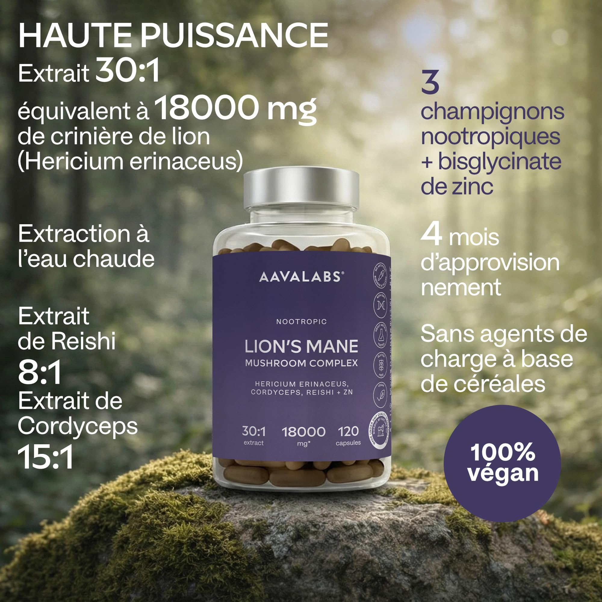 Lions Mane 18000mg 30:1 avec Cordyceps Sinensis, Reishi Ganoderma et Zinc | Criniere de Lion Champignon Hericium Erinaceus Nootropique Puissant Memoire et Concentration Mushroom Complex - 120 Gelules