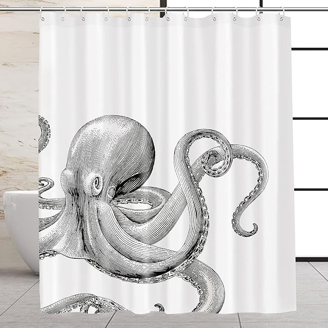 GOOSING Octopus Fabric Shower Curtain for Bathroom, Beach Theme Bath Decor with Hooks, Hotel Quality, 72x72 Inch