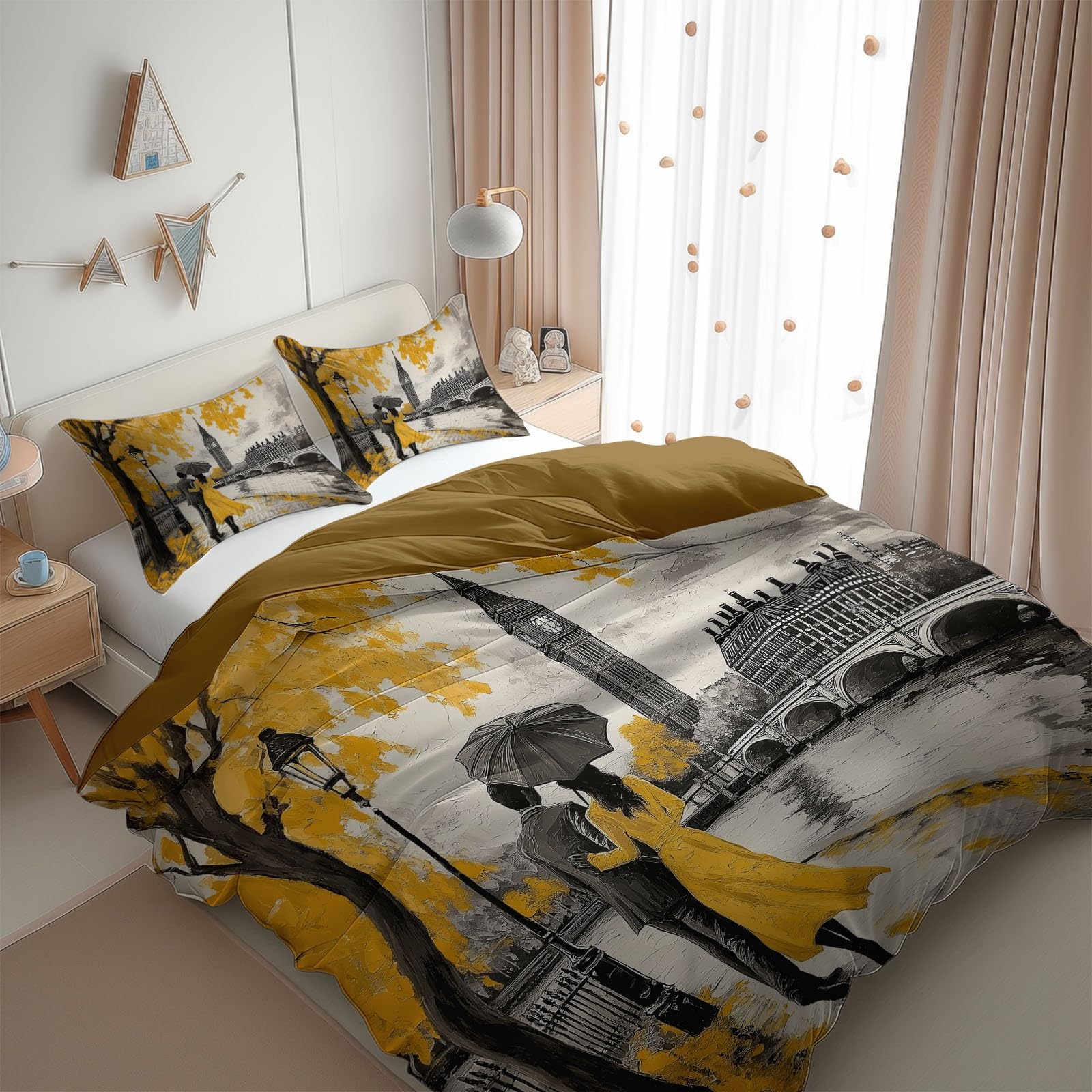 Dark Goldenrod Bedding Sets Oil Painting London Love Gray Print Duvet Cover Set, Comforter Cover Full Size Soft Breathable Reversible 3-Piece Bedding for Kids Teens
