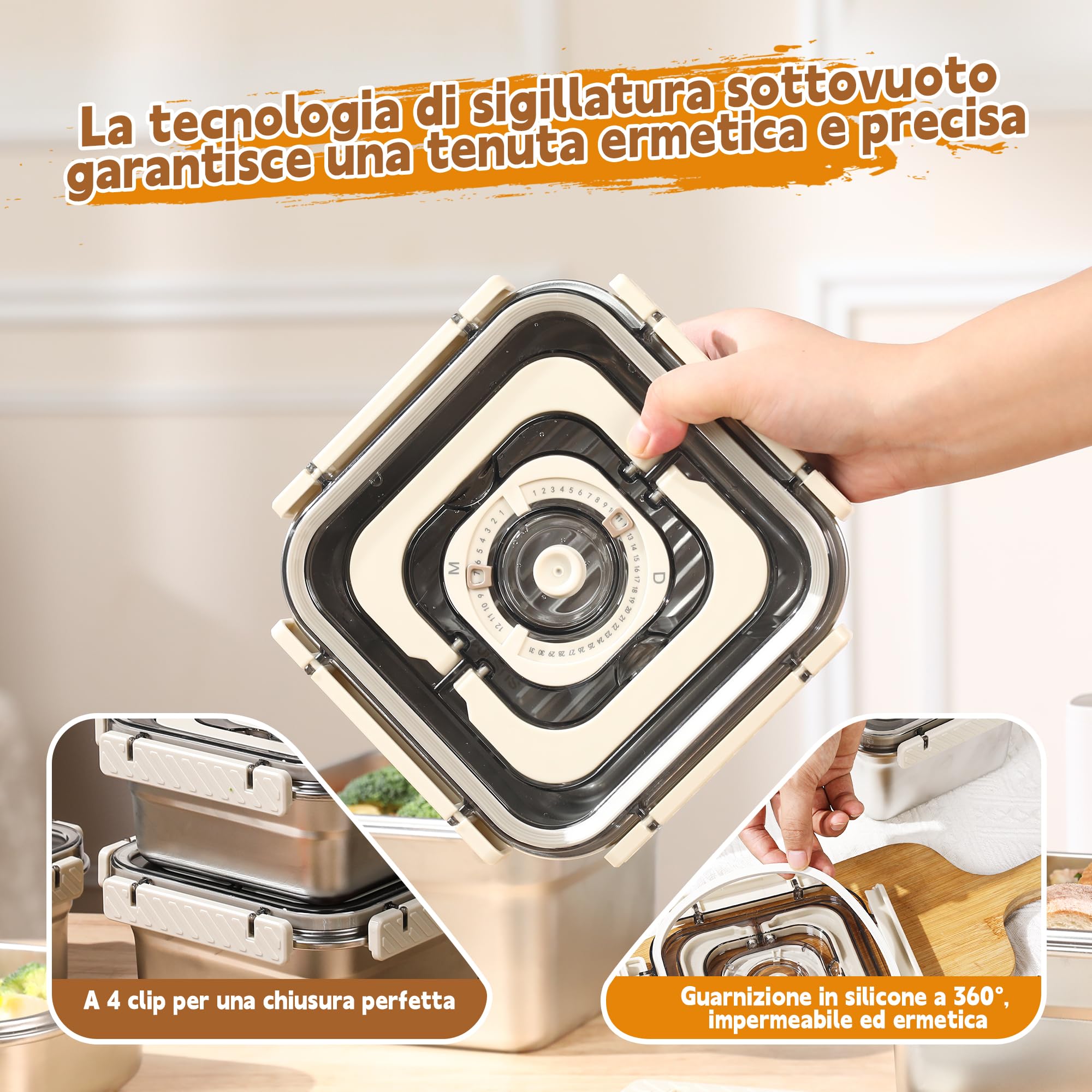 Sistema Sottovuoto Acciaio Inox con Pompa Manuale - Set da 2 Contenitori in Acciaio Inox (1250ml+1850ml) - Ermetici per Dispensa, Congelatore e Portavivande - BPA Free, Impilabili