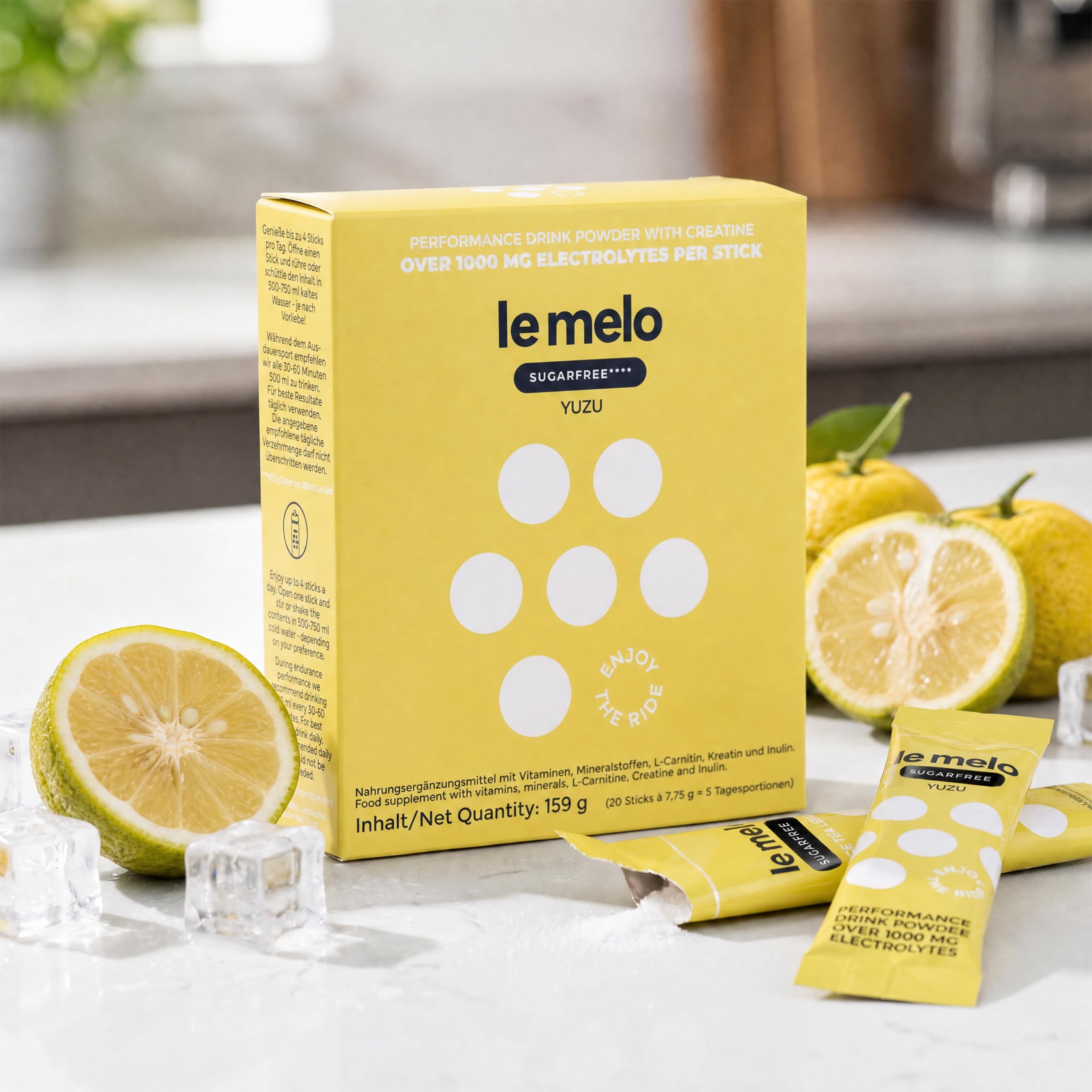 le melo® Elektrolytgetränk | 1.000+ mg Elektrolyte, Vitamine & Mineralstoffe | Optimiert Wasseraufnahme | Für Sport & Alltag & Erholung | Mit Kreatin | SUGARFREE YUZU 20er Pack