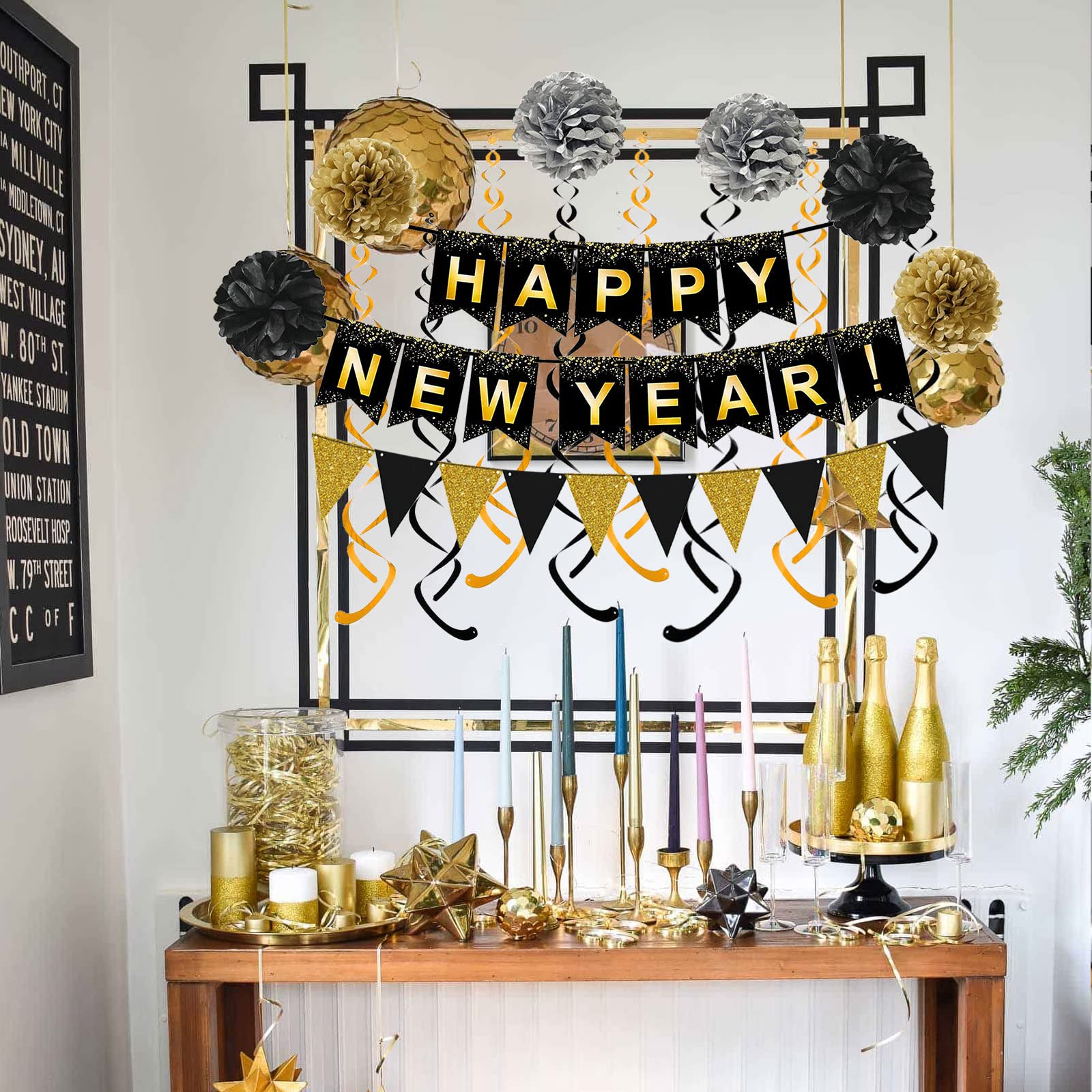 Happy New Year Set Black Banner with Gold Black Paper Flag Bunting Swirl Streamers & Pom Poms for Happy New Year Party Decorations