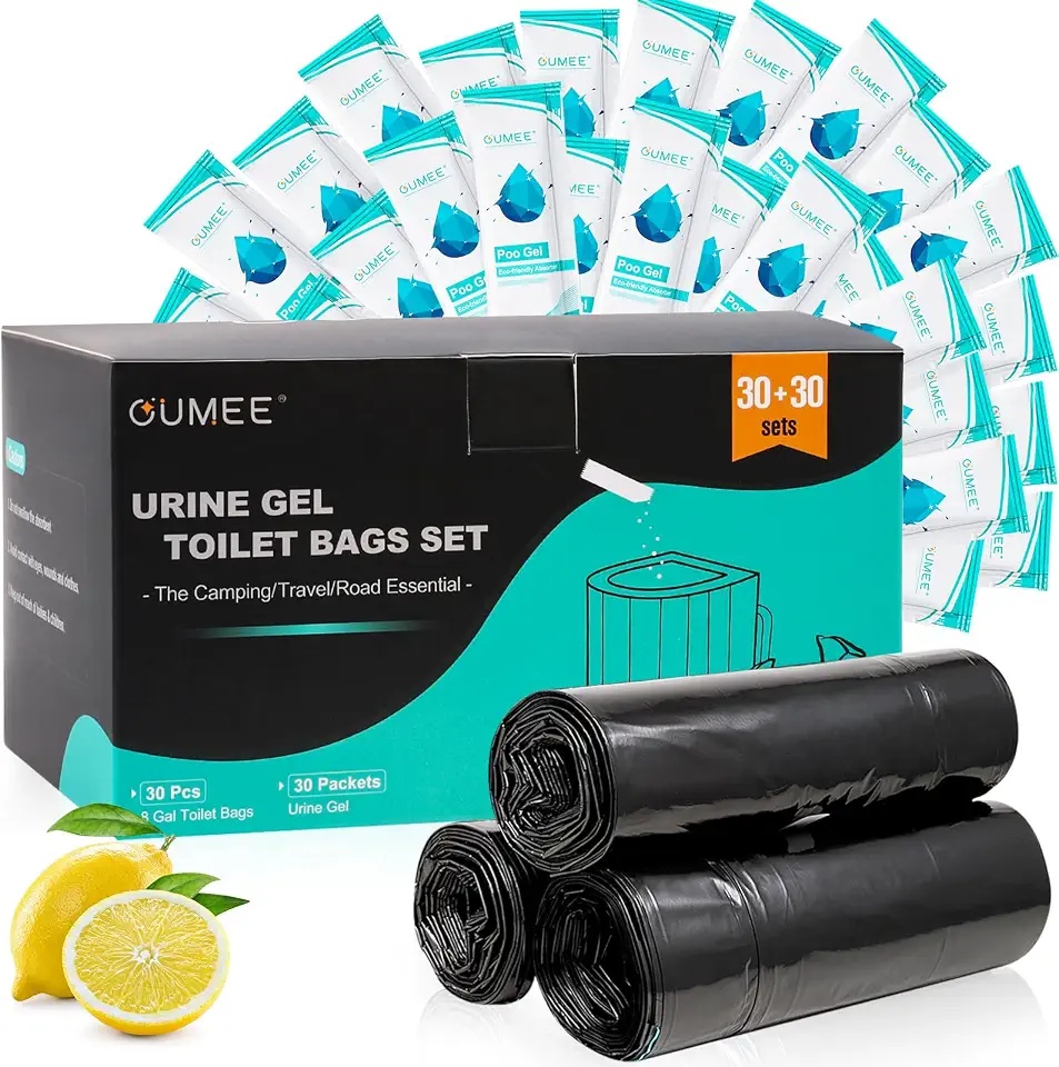 60 sacos sanitários portáteis com conjunto de gel de cocô, sacos de vaso sanitário de acampamento de 8 galões com géis absorventes, sacos de lixo, saco de lixo à prova de vazamento para acampamento e