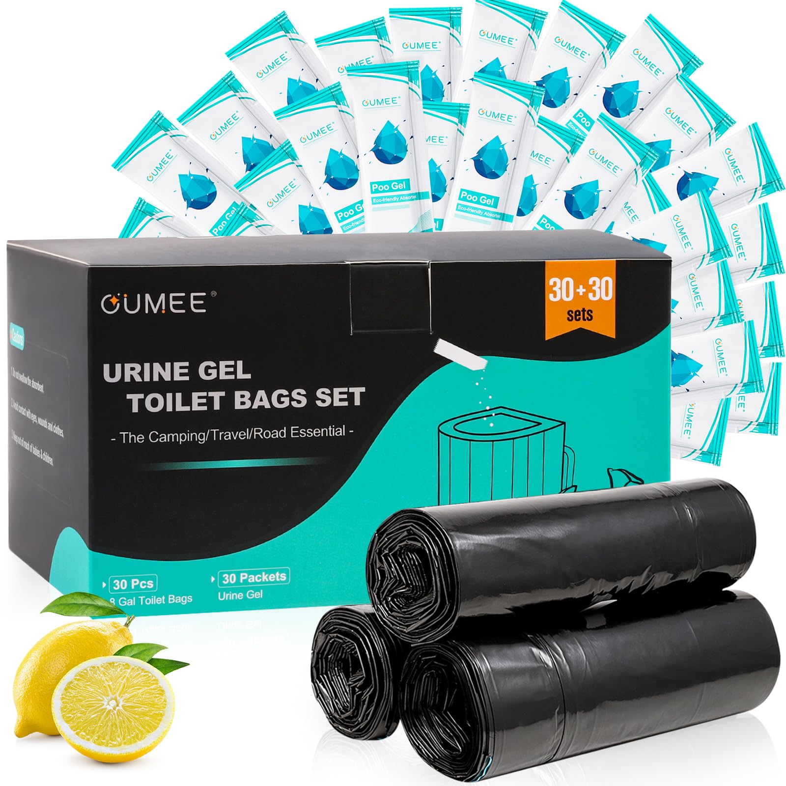 OUMEE 60 tragbare Toilettenbeutel Kotgel-Set, 8 Gallonen Camping-Toilettenbeutel mit saugfähigem Toilettengel, Toilettenabfallbeutel, auslaufsichere Müllbeutel für Outdoor-Camping-Toilette, Reisen,