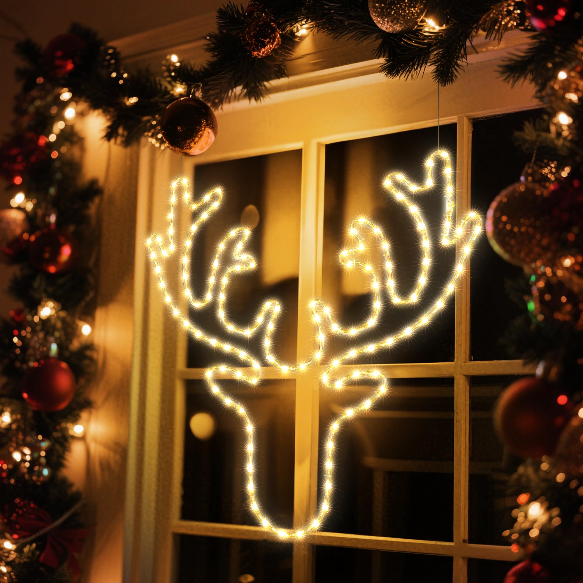 Weihnachts-Lichterkette, 81,3 cm, groß, Rentier, Dekoration, 134 LEDs, wasserdicht, beleuchtet, großes Elchschild für die Wanddekoration mit Timer für den Außenbereich, Zuhause, Party, Wandbehang