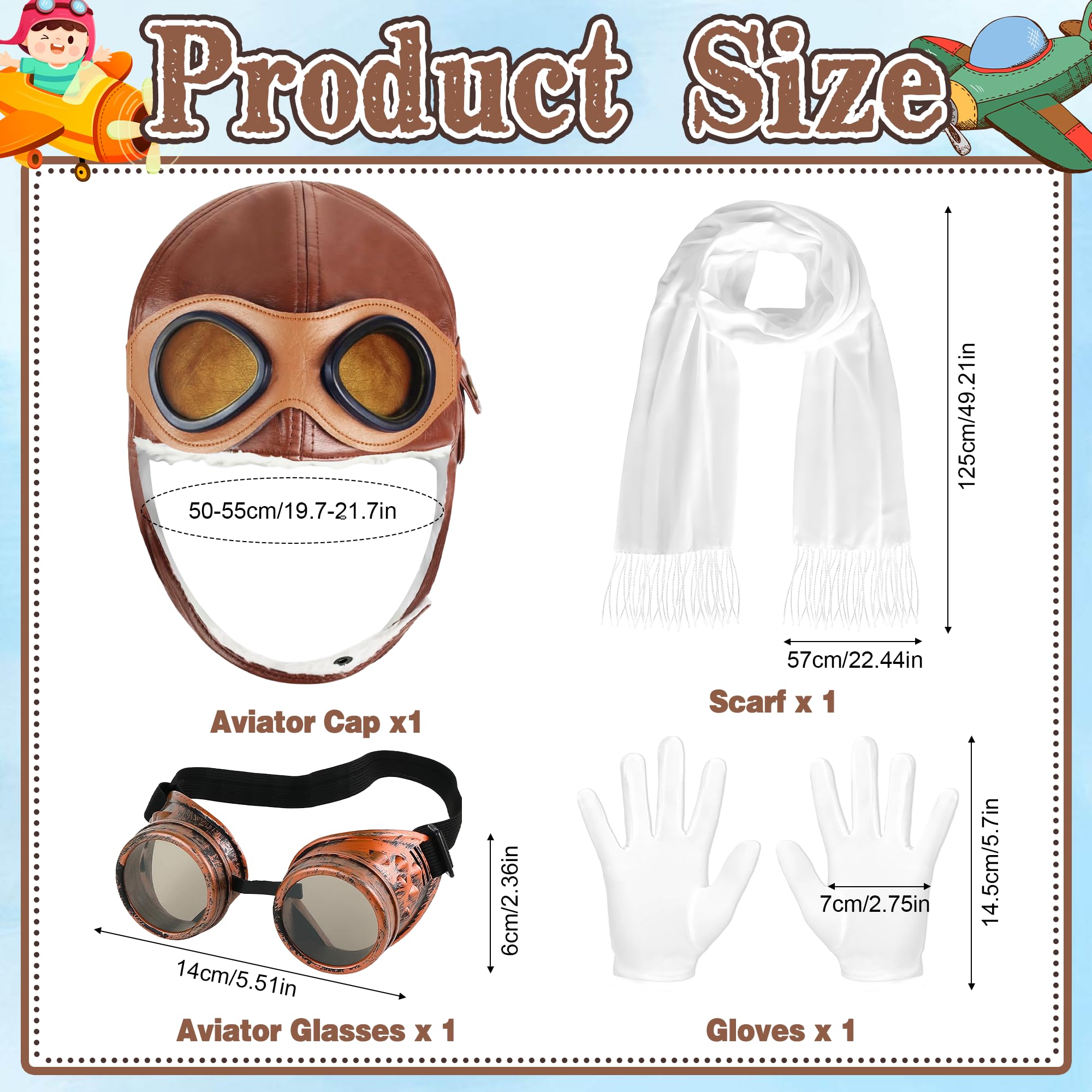 Bryndo 4 Pcs Airline Pilot Costume Set for Kids Pilot Hat Steampunk Goggles Fancy Dress Set including White Scarf Gloves Kids Aviator Costuem Accessories for Party Dress Up - Image 3