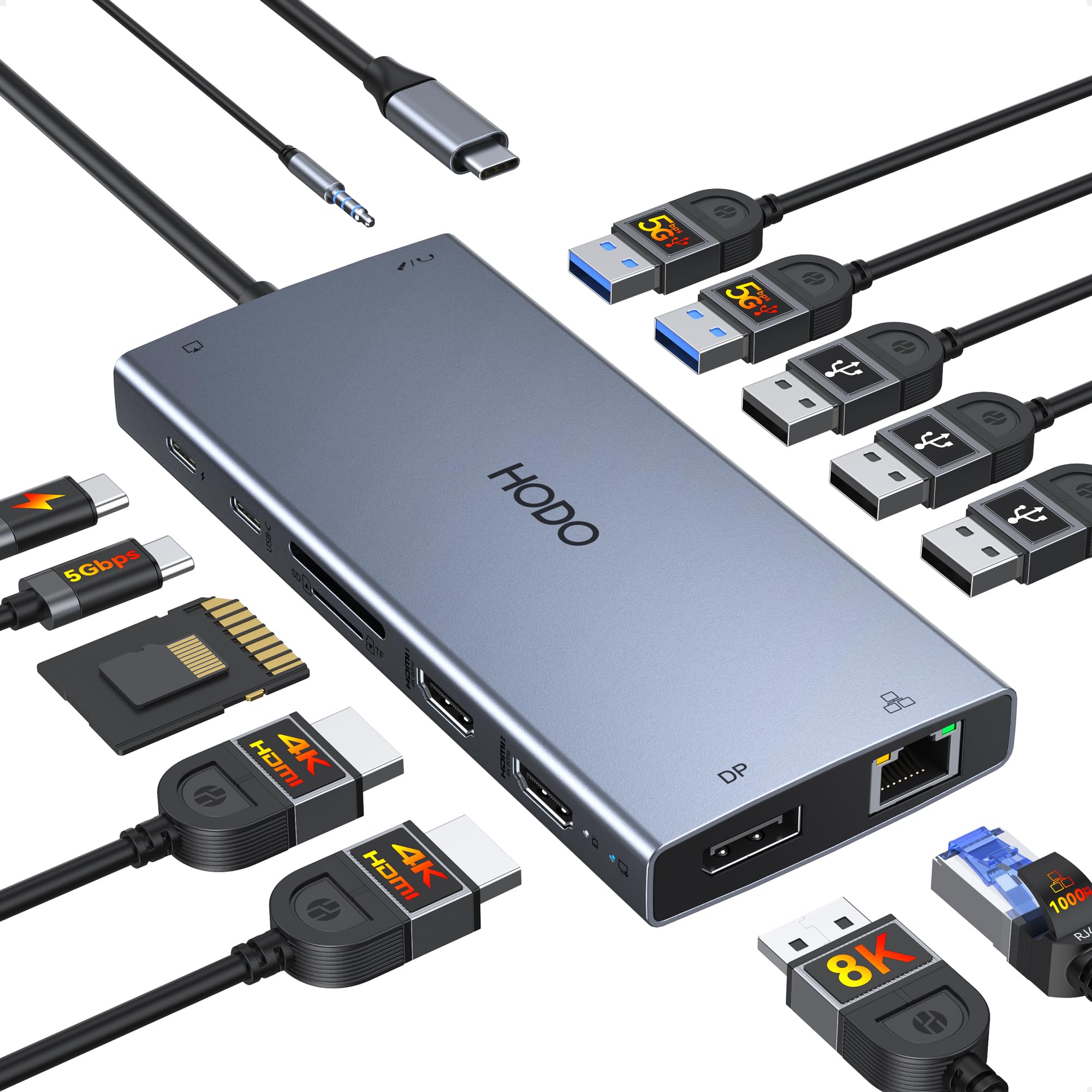 Dockingstation Laptop 2 Monitore, 15 in 1 Docking Station Triple Display, USB C Hub Adapter mit Zwei HDMI, 8K DisplayPort, Ethernet, PD, 5USB, USB C, SD TF Kartensteckplatz, Audio und EIN/Aus Taste