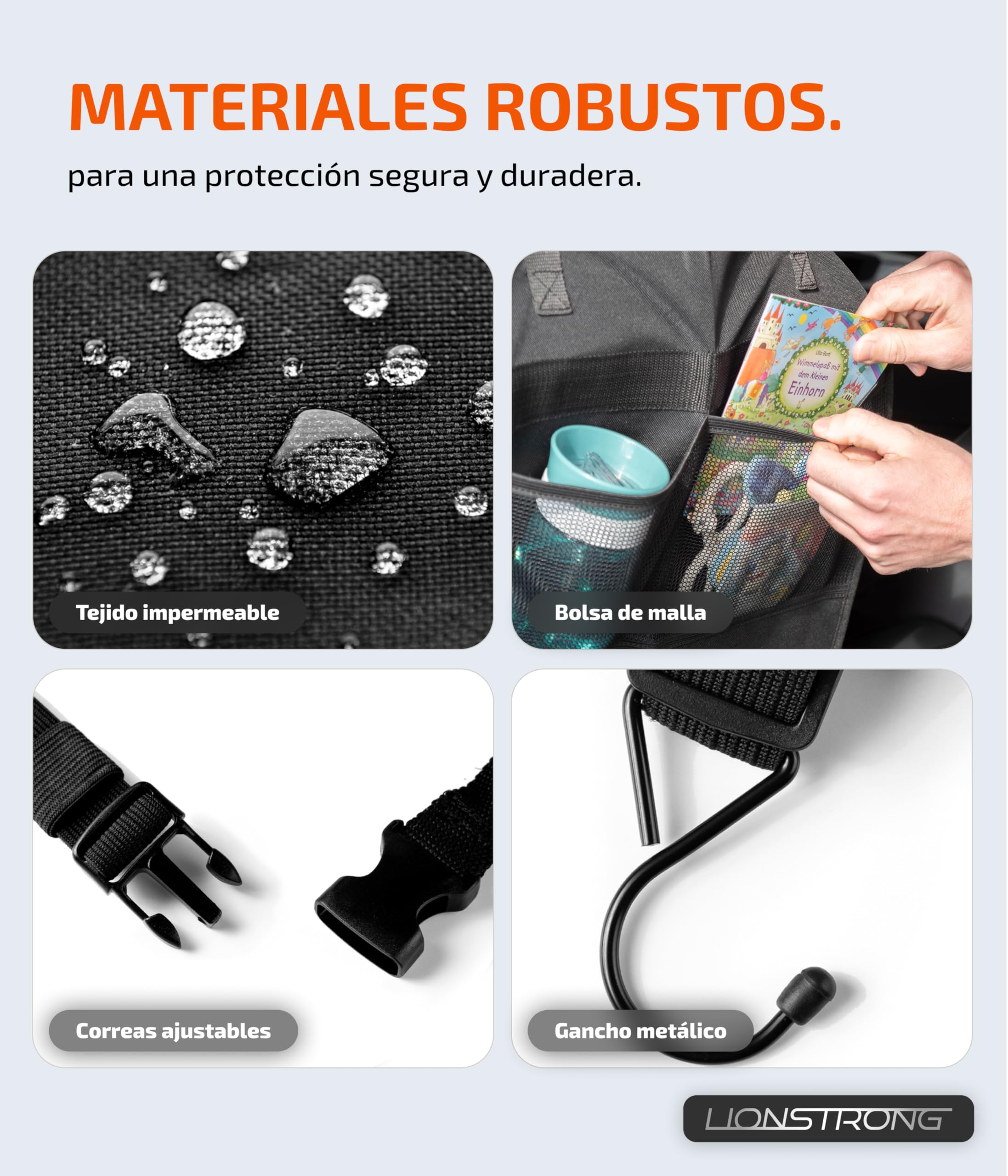 LIONSTRONG Organizador de coche para niños, asiento trasero [resistente al agua] – Protección del respaldo del coche niños – Organizador para asiento de coche – Protección del asiento del respaldo