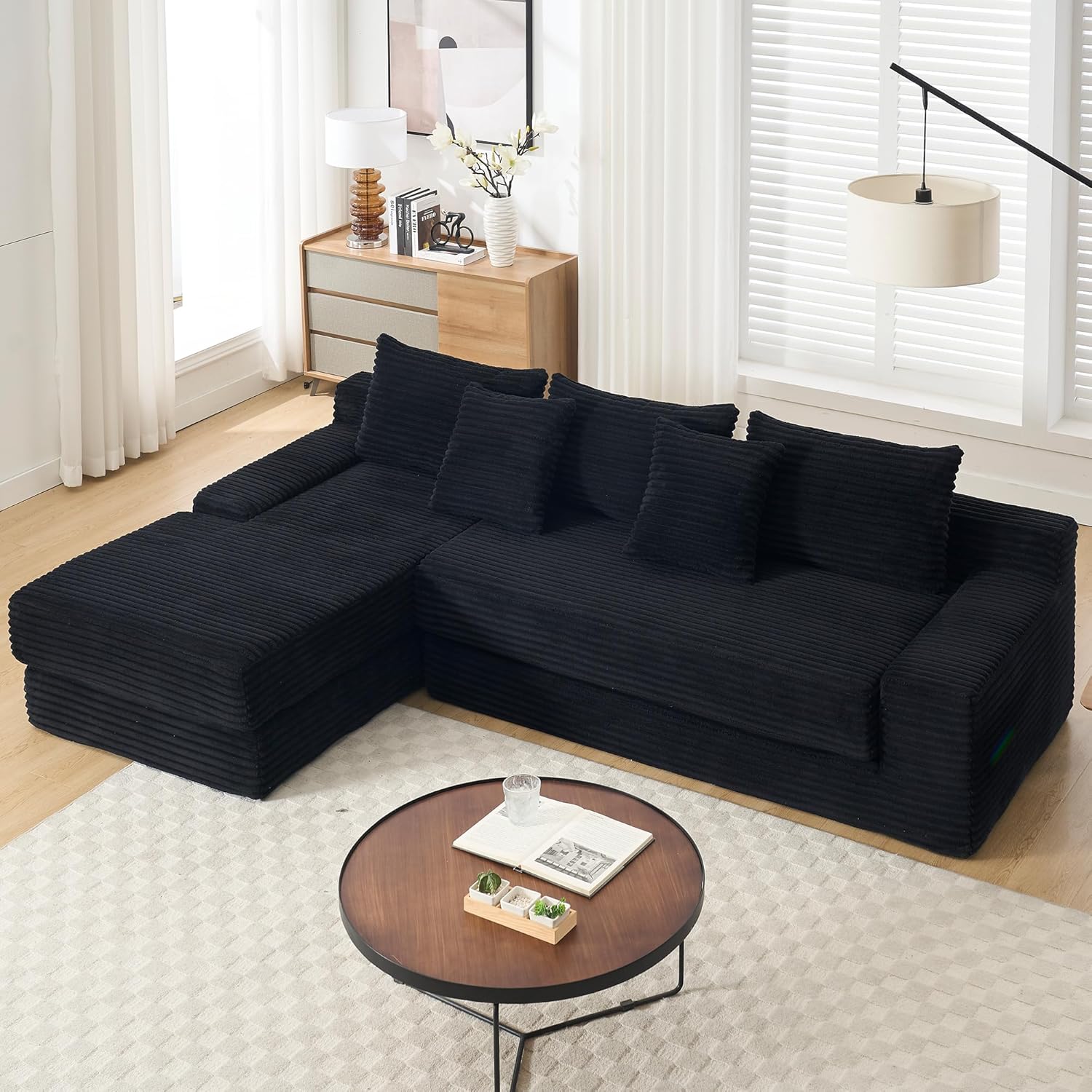 104.33" Cloud L-Shape Modular Sectional Sofa with Chaise, Corduroy Convertible Sleeper Couch Bed with Steel Frame, Deep Seat, Compression Couches for Living Room, No Assembly Required, Black