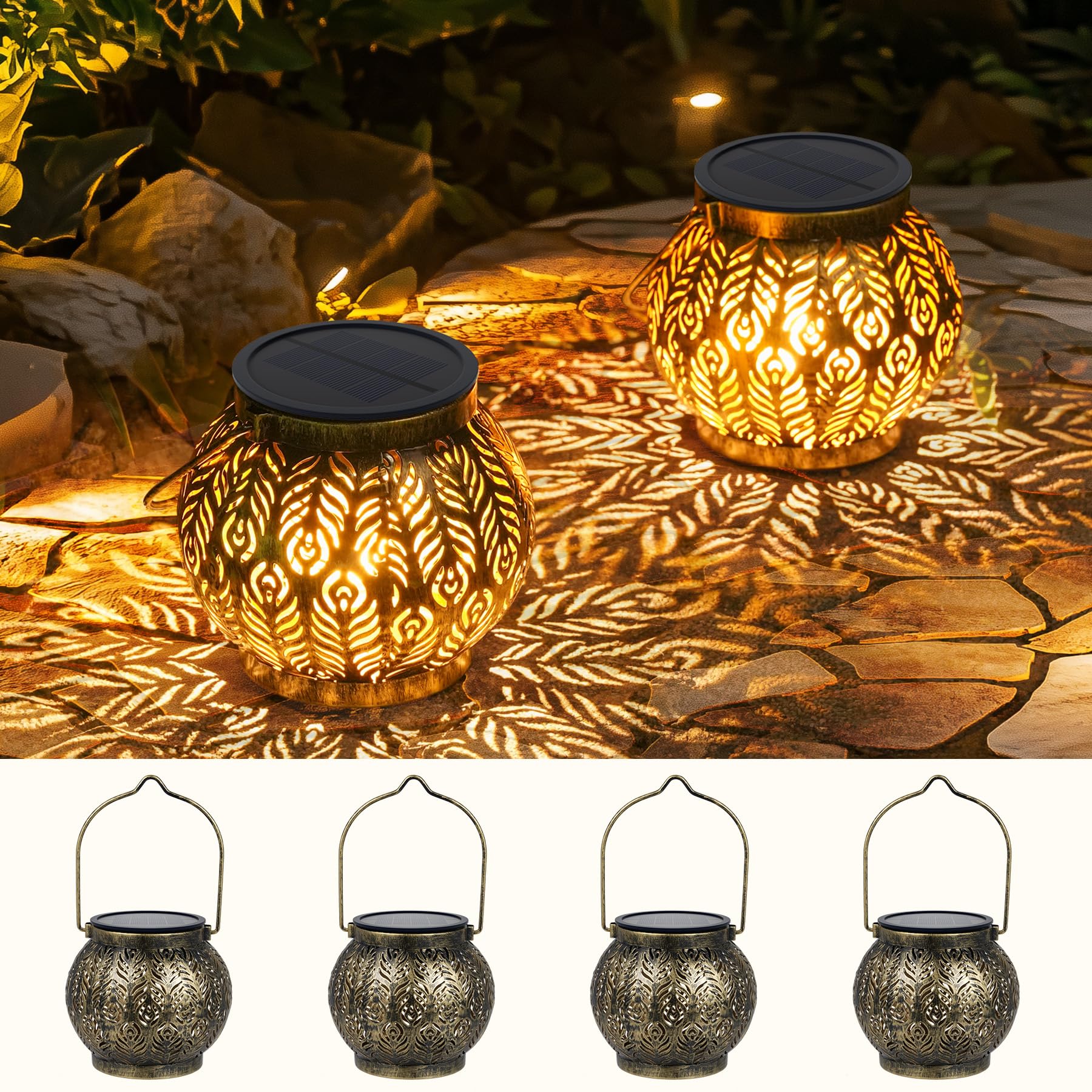 Bonsery 4 unidades de farolillos solares para exteriores, IP65, resistentes al agua, lámparas solares para exteriores, jardín, de pie y colgante, lámpara solar para exteriores, orientales, para porche