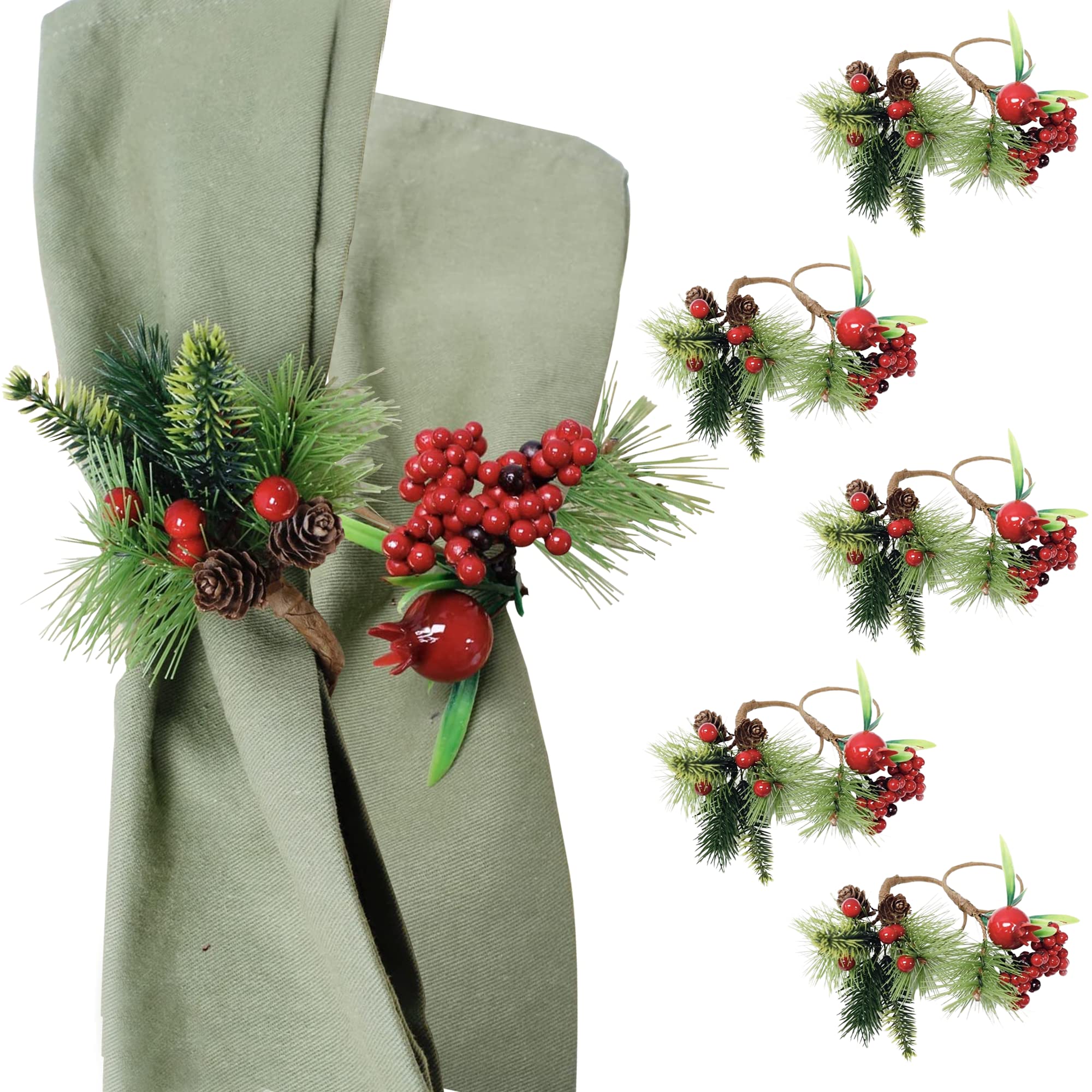 Angel Isabella Christmas Collection Napkin Rings - Cloth Napkin Holder for Table Setting, Pinecone Napkin Rings with Berries Accessories & Decor to Match Holiday Dinner Dining Table Top- Set of 10