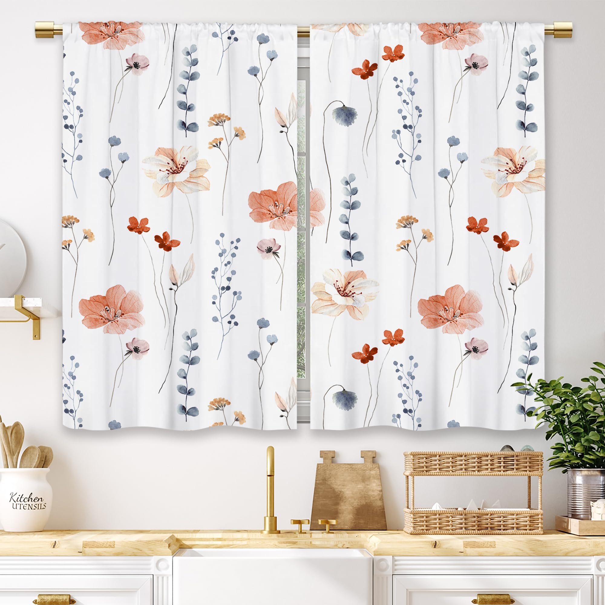 Laifzere Pink Floral Kitchen Curtains Watercolor Flower Boho Small Short Cafe Window Curtains Minimalist Leaf Botanical Rod Pocket Bathroom Living Room Bedroom Window Drapes Treatment (27.5x39 Inch)