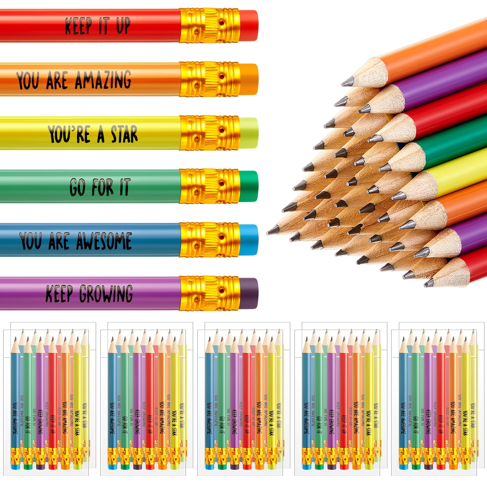 Clabby 50 Pack 300 Pcs Inspirational Motivational Rainbow Pencils Bulk Teacher to Student School Leavers End of Term Kids Graduation Gifts Class of 2026 Pupil Prize School Party Bag Fillers Office