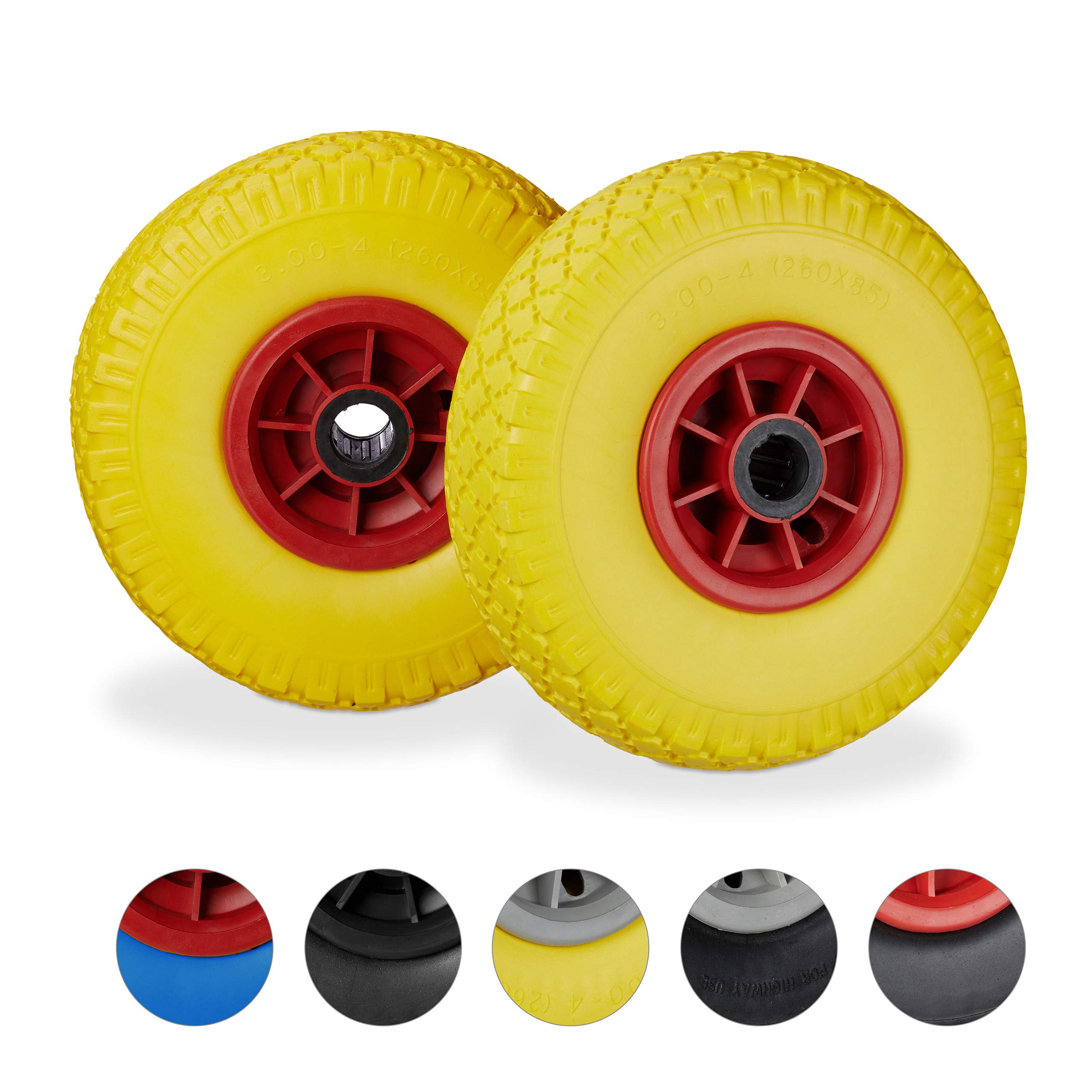 Relaxdays Sackkarrenrad 2er Set, pannensichere 3.00-4" Vollgummireifen, 25mm Achse, bis 80 kg, 260x85mm, versch. Farben