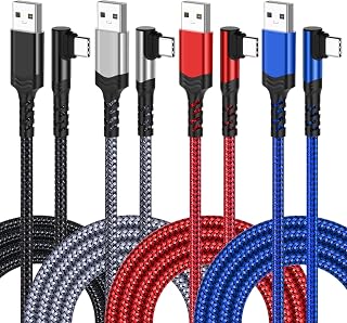 USB C Cable 10Ft, Agtray 4-Pack Long Braided USB-A to USB-C 90 Degree Plug Type C Fast Charge Cable Right Angle Cord Compatible for Samsung Galaxy S23 S22 S21 Note20 Note10,Pixel (Black Grey Red Blue)