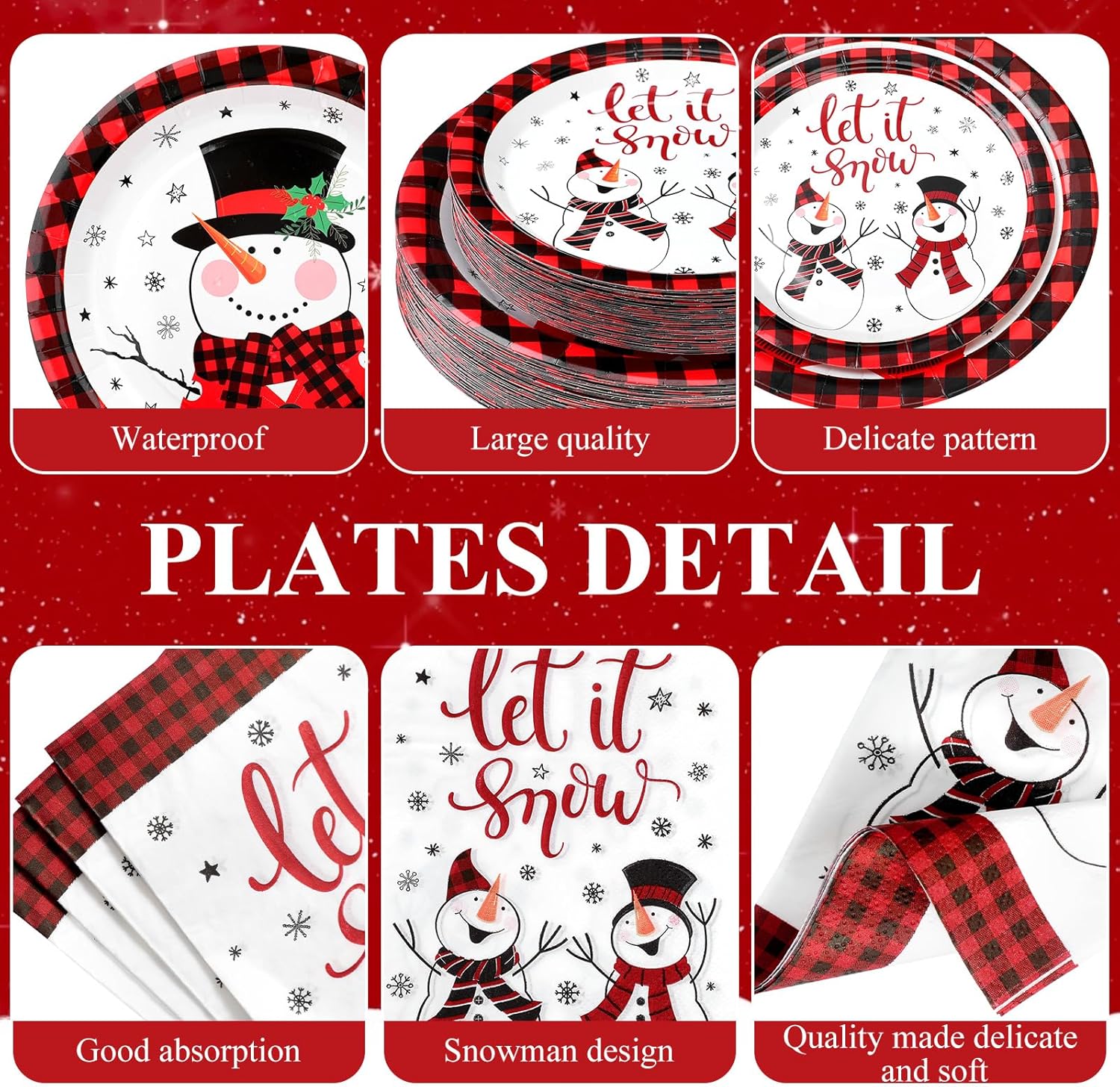 250 Pcs Winter Snowman Paper Plates and Napkins Party Supplies Red Black Buffalo Plaid Winter Disposable Tableware Set for Christmas Holiday Party Decoration