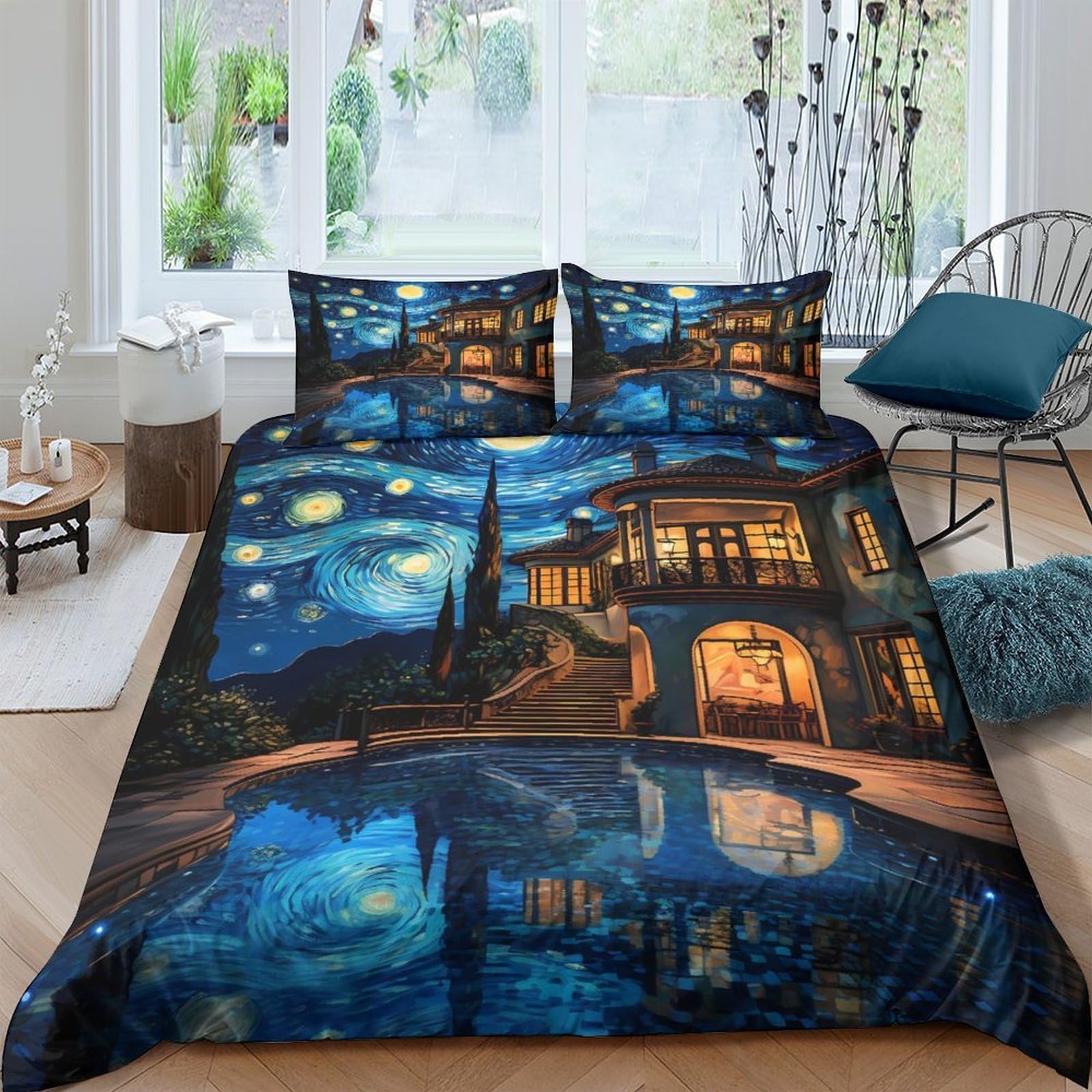 TUFRTGYHN 3D Printed Starry Night Cityscape Duvet Cover Microfiber Soft Breathable Moon Reflection Bedding Set with 2 Pillowcases for Bedroom Decor Single（135x200cm）