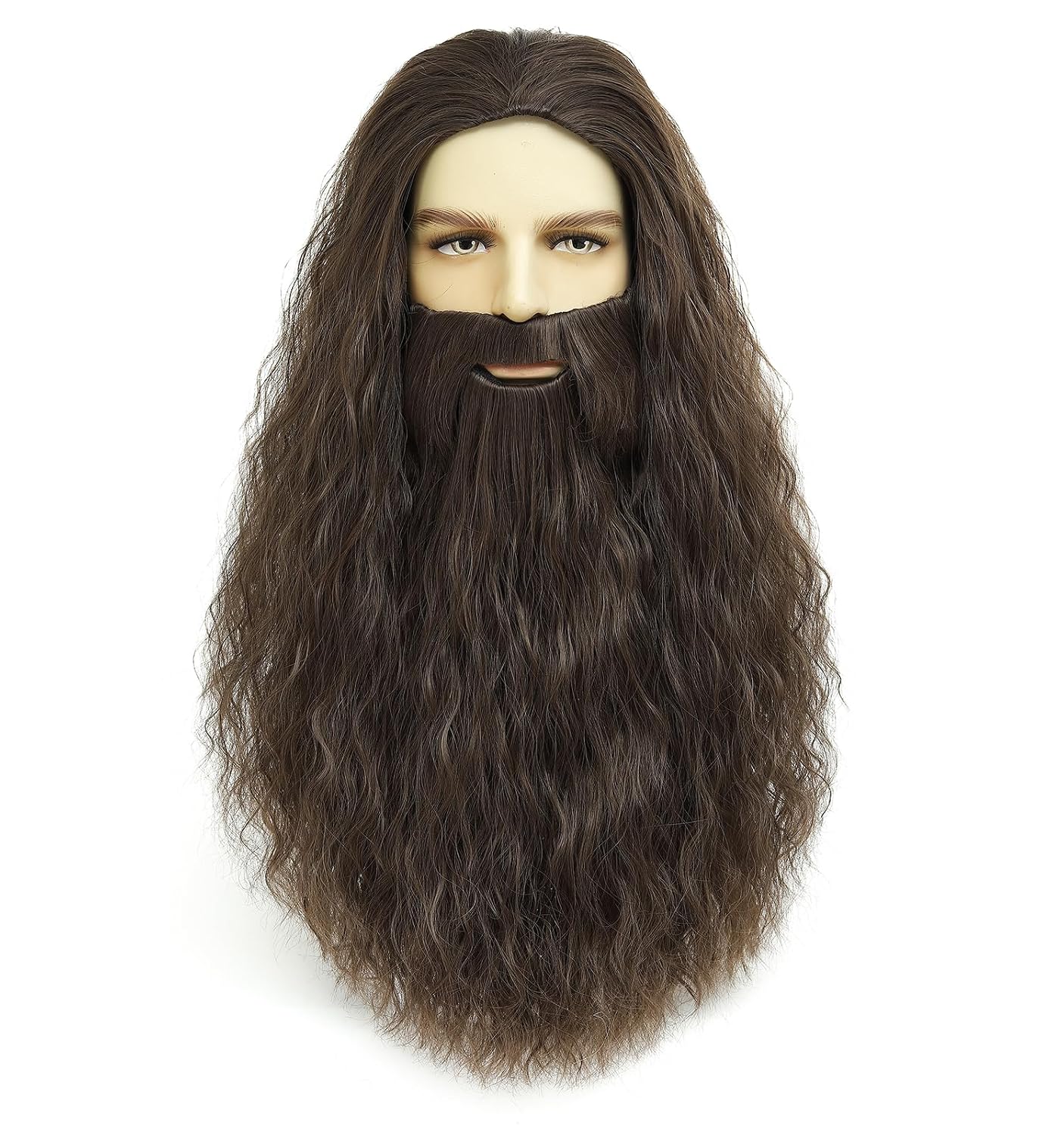 Wizard Wig & Beard Set for Adult Men, Long Curly Synthetic Hair for Gandalf Merlin Cosplay, Adjustable Cap for Adult Halloween Party (Cool Brown)