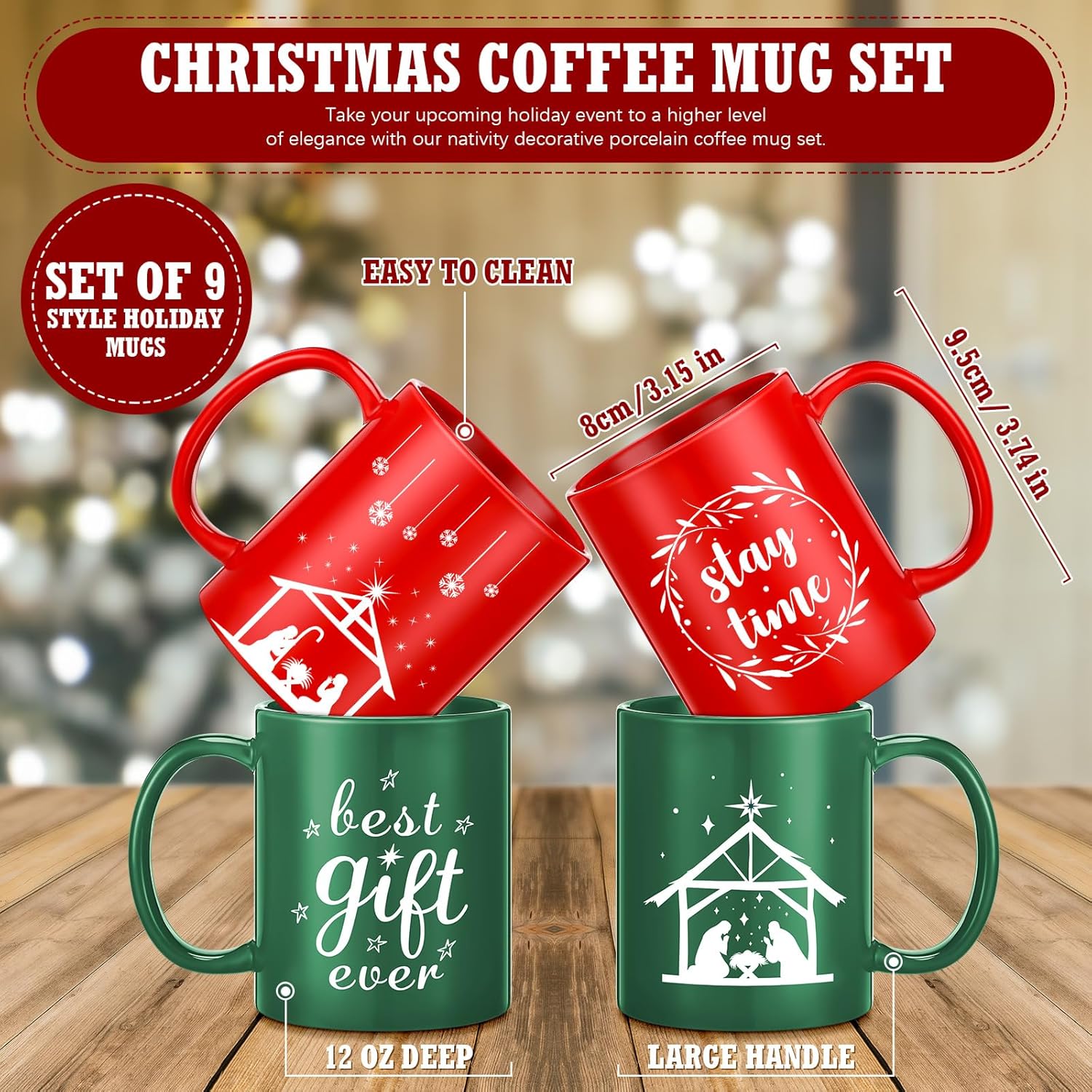Uiifan 9 Pcs 12 oz Christmas Mugs Set Xmas Mini Coffee Mugs Nativity Scene Ceramic Cups with Handle for Christmas Hot Cold Holiday Table Centerpieces Decoration Housewarming Gift