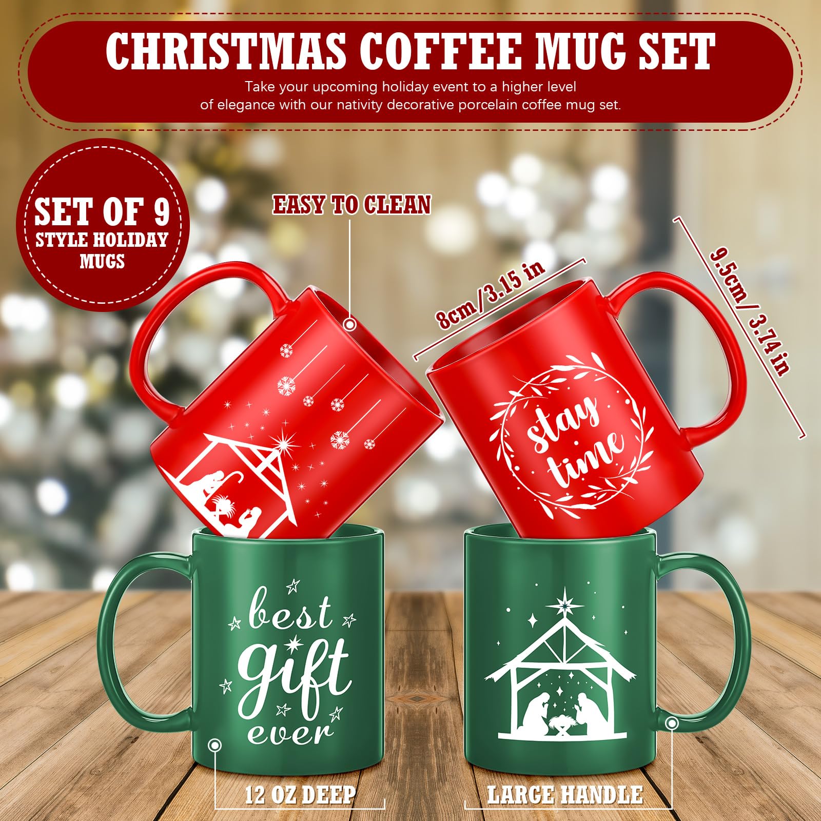 Uiifan Juego de 9 tazas de Navidad de 12 onzas, mini tazas de café de Navidad con taza de belén, tazas de cerámica para Navidad caliente o fría, centros de mesa, decoración de inauguración de la casa