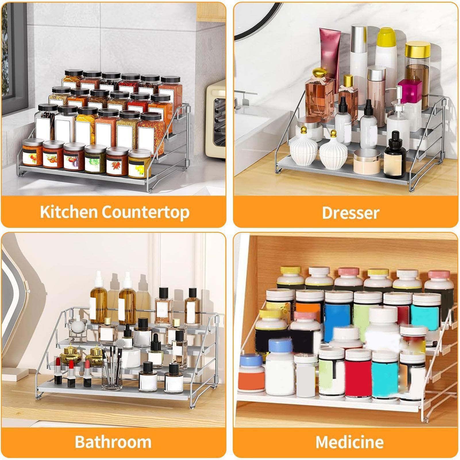 Organisateur d'étagère à épices, support extensible à 4 niveaux, rangement et présentation de conteneurs - Pour une utilisation dans le garde-manger, le comptoir et la maison ; pour bouteilles, pots