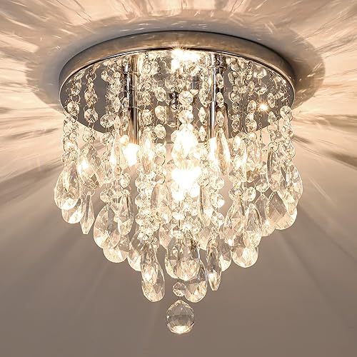 3-Light Modern Small Chandelier G9 Base, Mini Crystal Flush Mount Ceiling Light Fixture Silver Finish, Ideal for Bedroom, Kitchen, Closet, Bathroom, Hallway (Chrome)