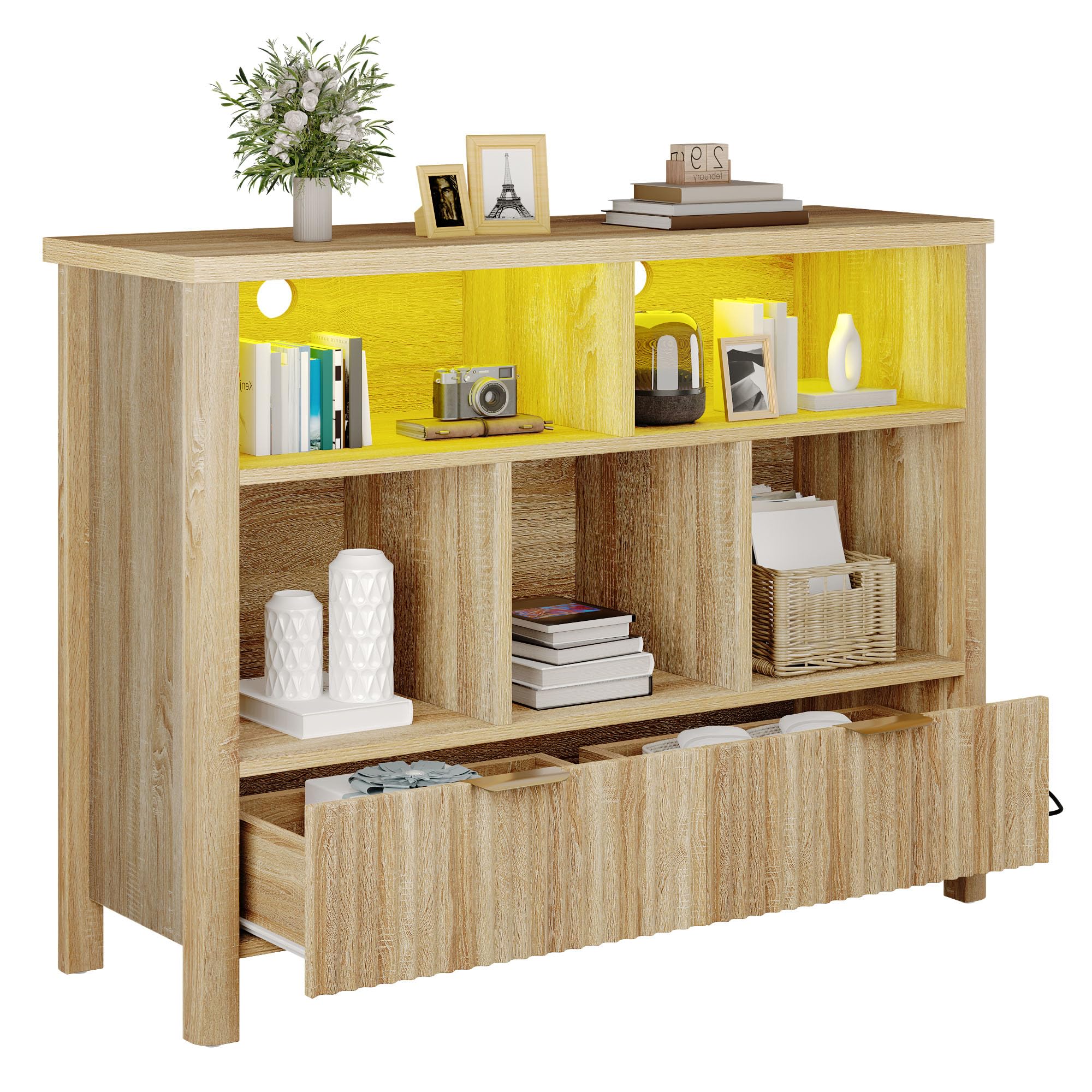 YITAHOME Bookcase with Drawers, Fluted Wood Cubby Storage Organizer Shelf Cube Bookshelf with Adjustable LED Lighting, Modern Horizontal Bookshelf for