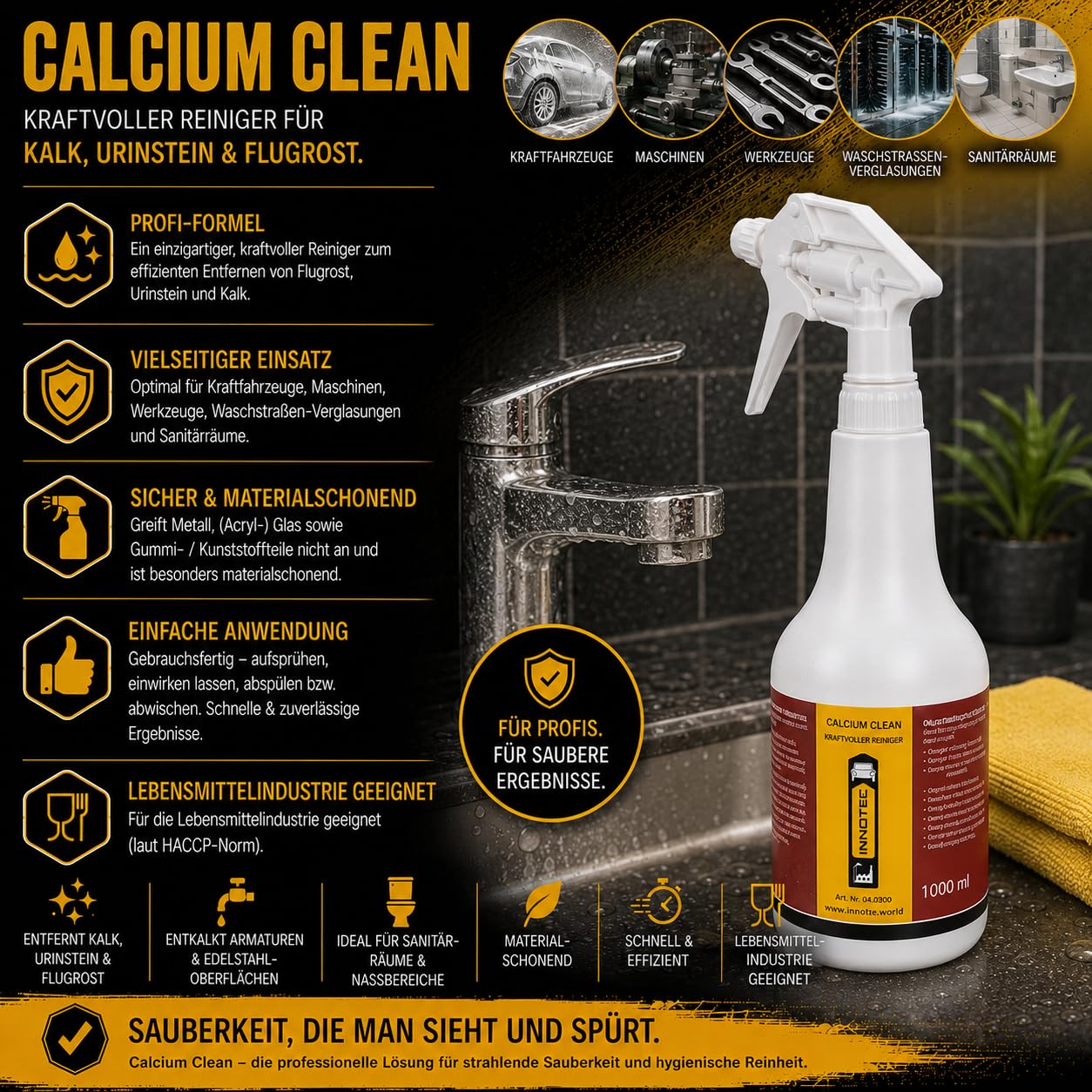 4 Stück Innotec Calcium Clean Kalk-/Flugrostentferner Kalklöser Kalkreiniger Entkalker Rostlöser - entfernt Flugrost, Urinstein, Kalk, Putz- und Zementschlieren - Lebensmitteltauglich -1L Sprühflasche