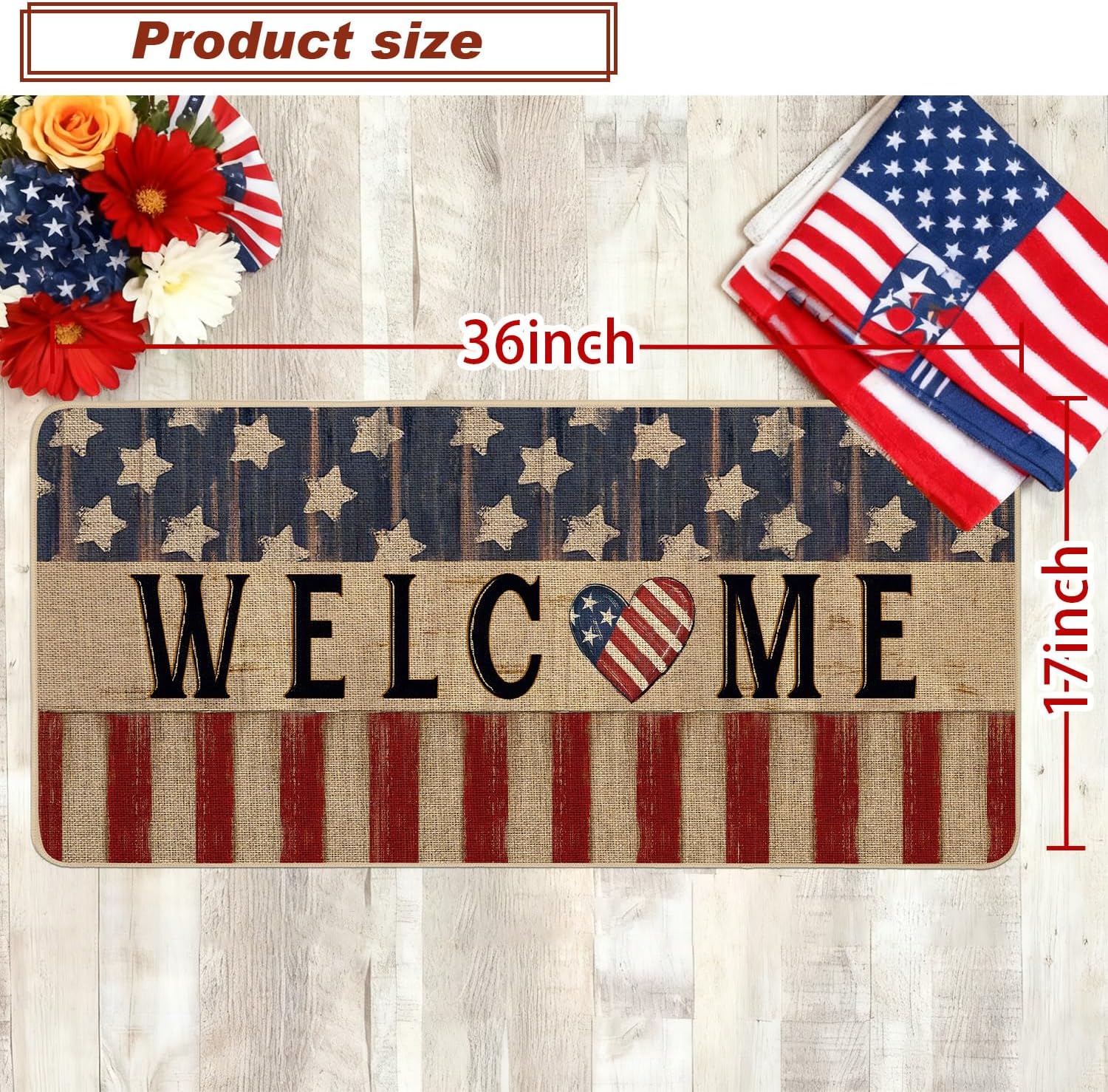 Baccessor Patriotic Doormat Rug 17x36 inch, 4th of July Independence Memorial Day Star Welcome Door Mat Non Slip Rubber Backing Holiday Entryway Indoor Outdoor Decor