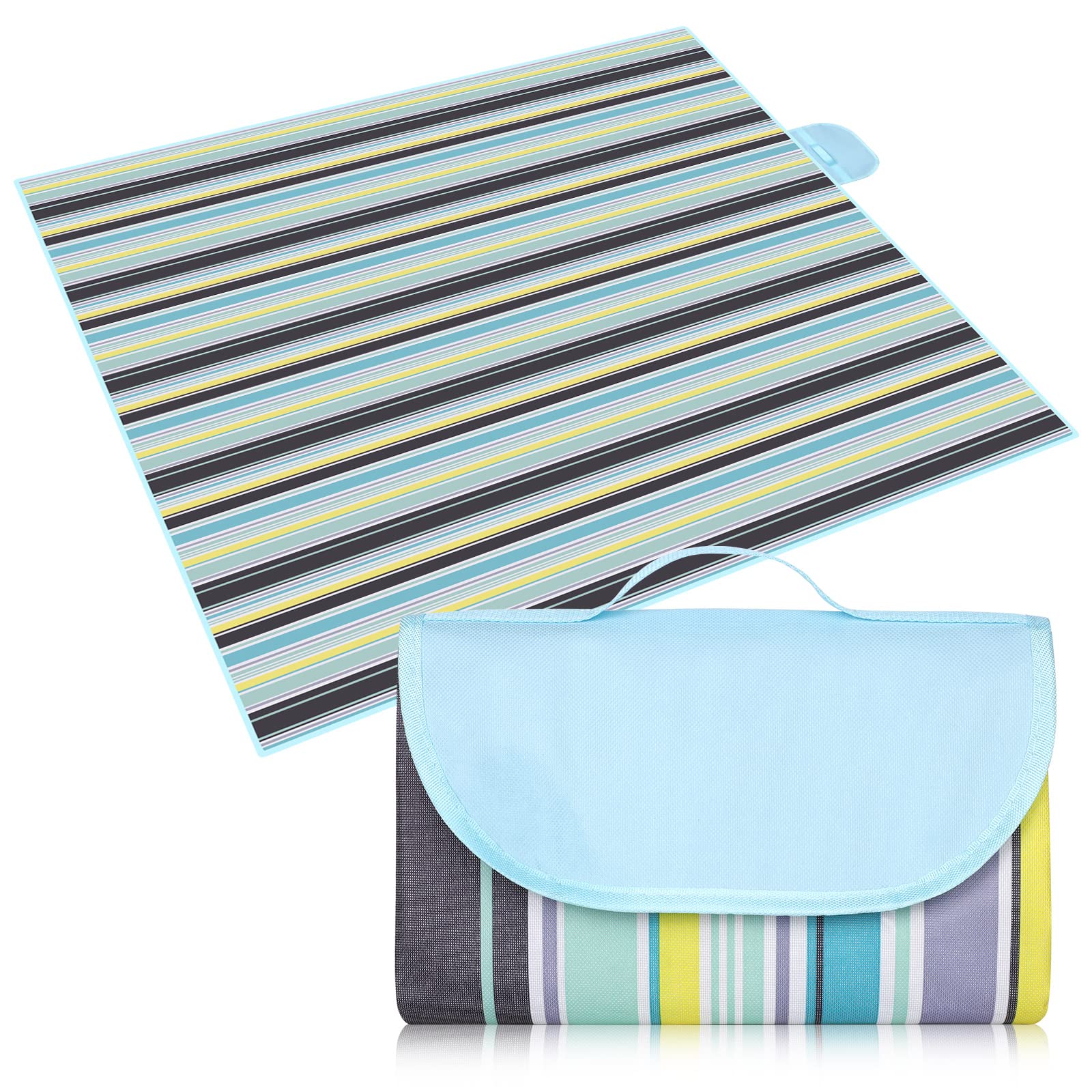 Eucomir Coperta da Picnic Portatile 200 x 200 CM Impermeabile Pieghevole con Manico,Unisex, Outdoor Giardino Campeggio,Strisce Blu