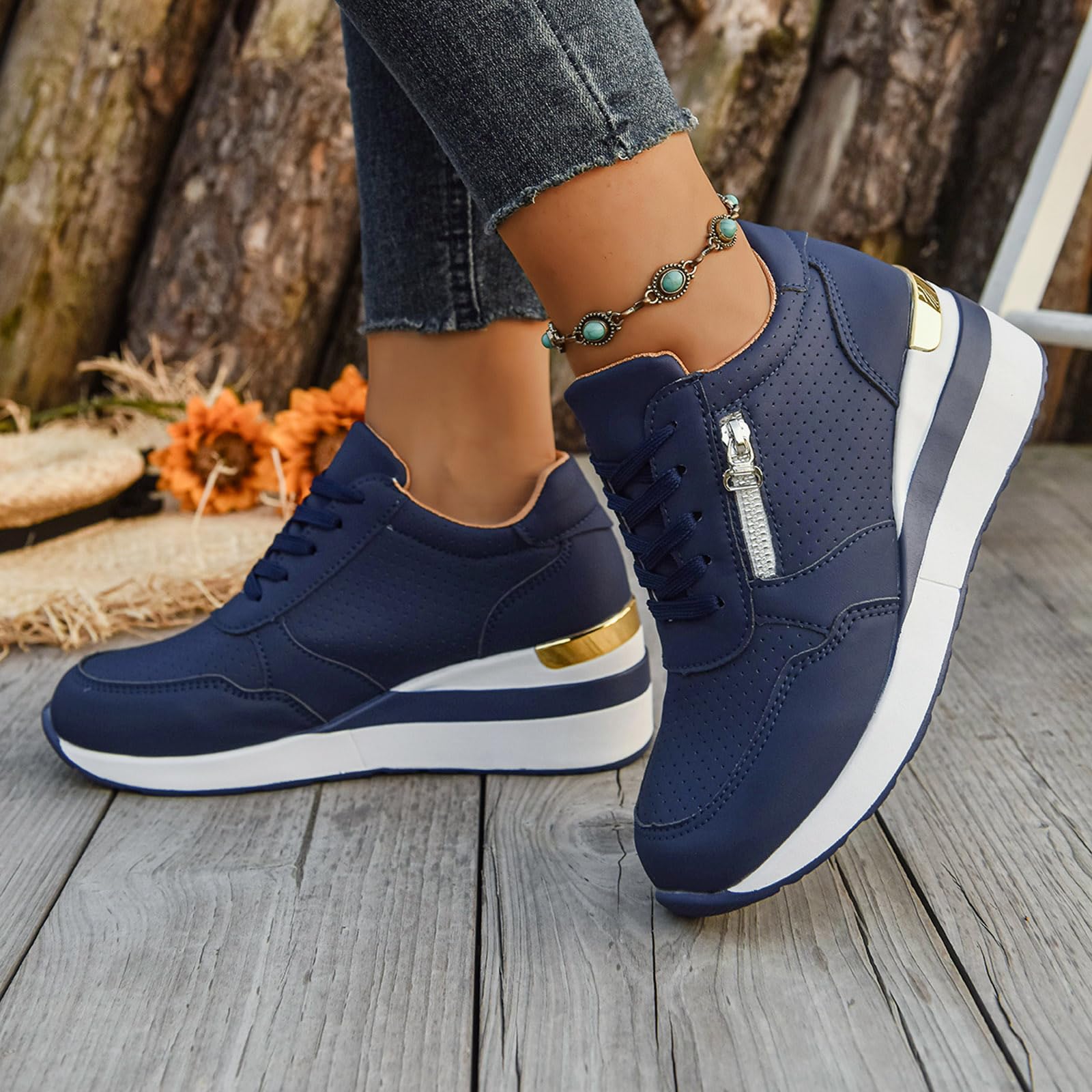 Zapatillas Mujer Cuña Plataforma Zapatos Casual con Cremallera Transpirable Cordones Zapatillas de running Zapatillas de deporte Mujer Zapatos de Plataforma Cómodos