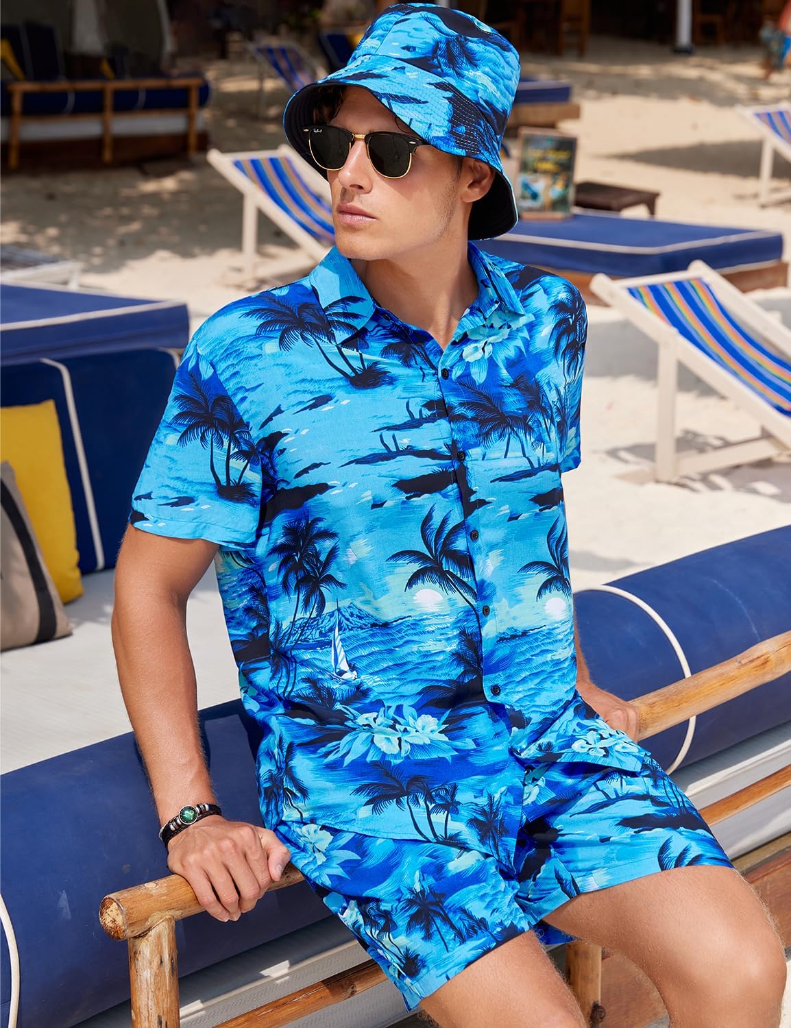 EISHOPEER Men's Flower Hawaiian Sets Casual Short Sleeve Shirt and Shorts Suits Outfits with Bucket Hats