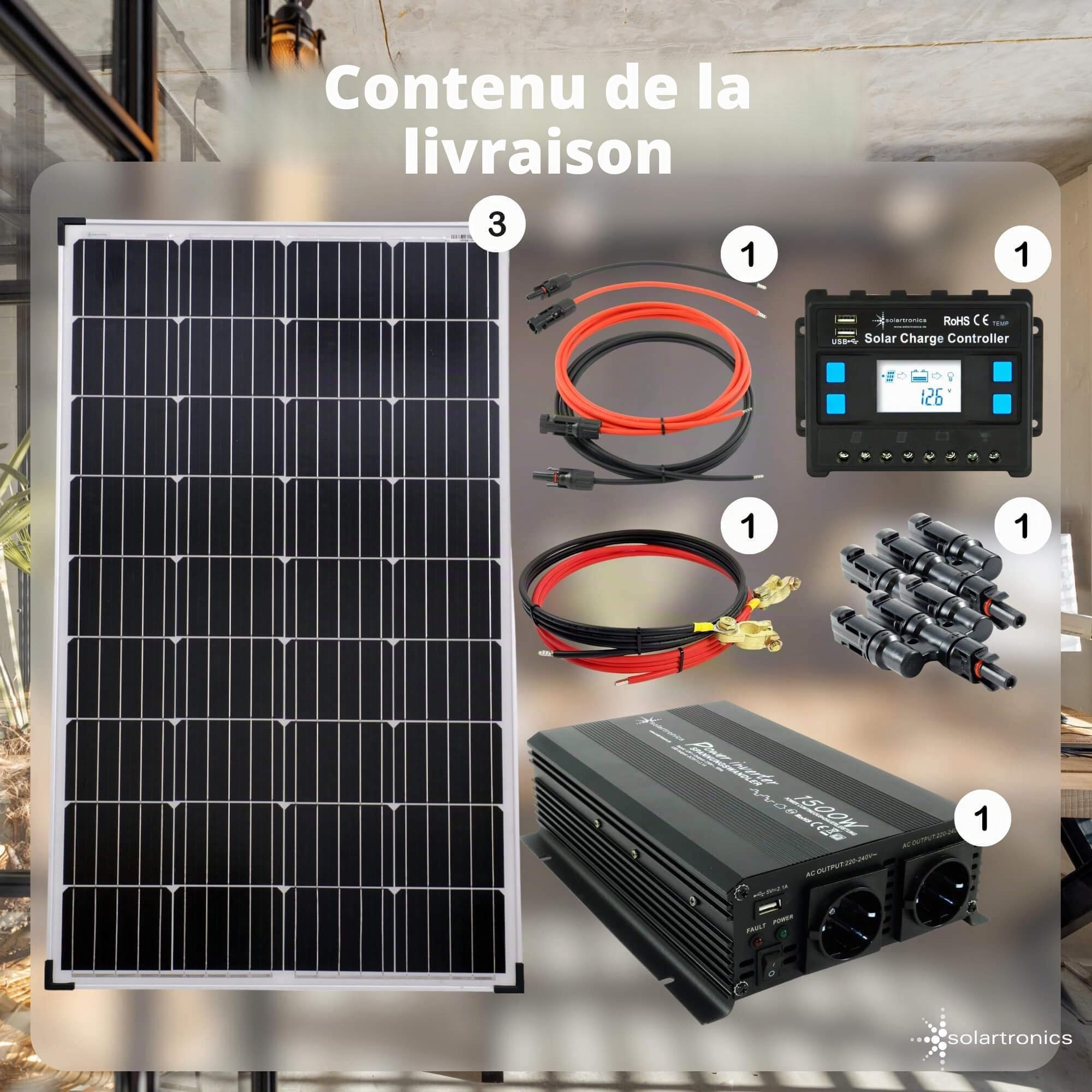 SOLARTRONICS Kit Complet 3 Panneaux solaires de 130 W, convertisseur de 1500 W, régulateur de Charge, Installation d'îlot photovoltaïque