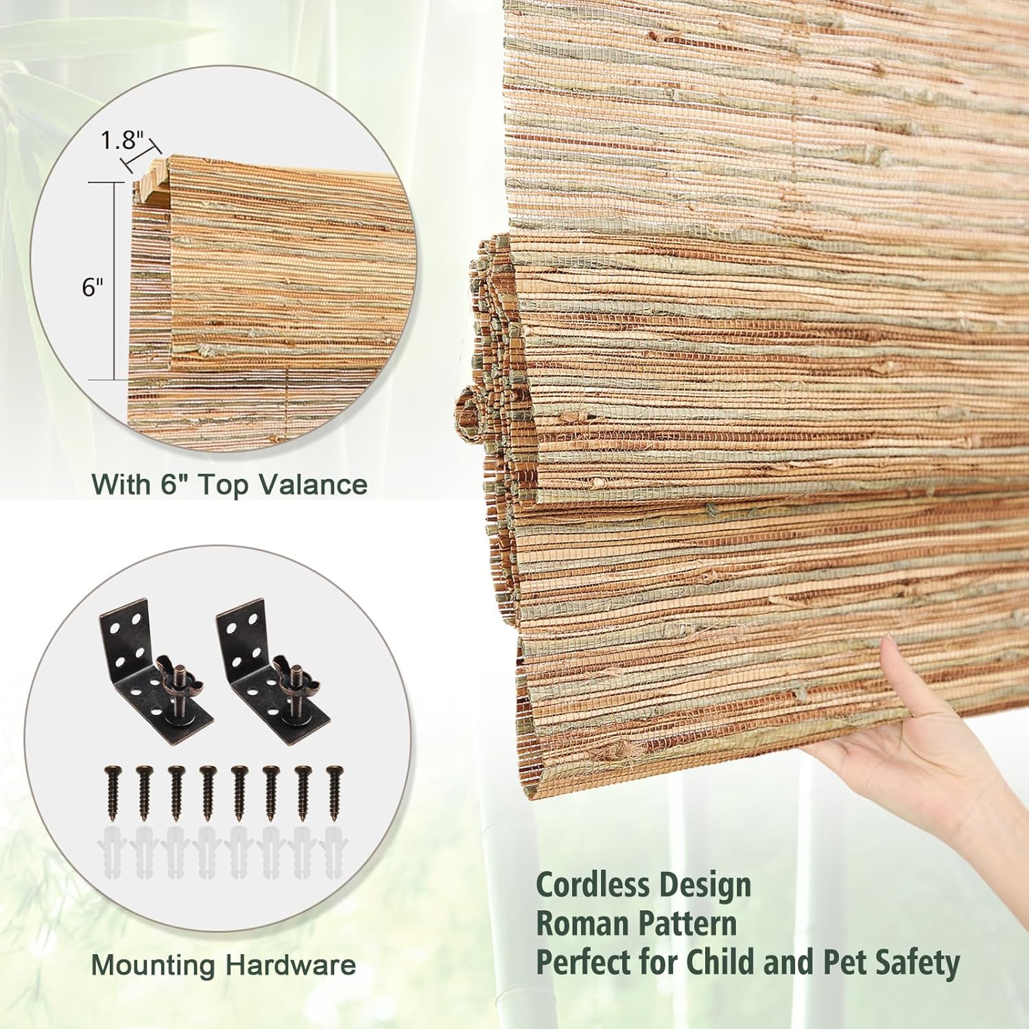 Cordless Blackout Bamboo Roman Shades, Natural Woven Reed Window Shades with 6 Inches High Valance, Custom Privacy Lined Bamboo Blinds for Indoor Windows, Doors, Blue Green