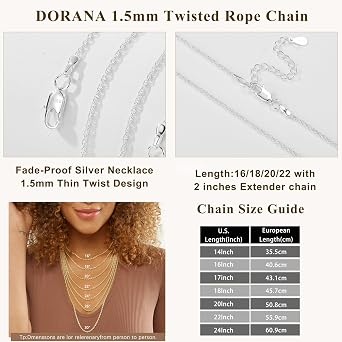 1.5mm Silver Chains for Women S925 Twisted Rope Chain Sturdy Sterling Silver Chain Necklace Fade-Proof Silver Necklace Jewellery 14/16/18/20/22/24/26/28/30Inch