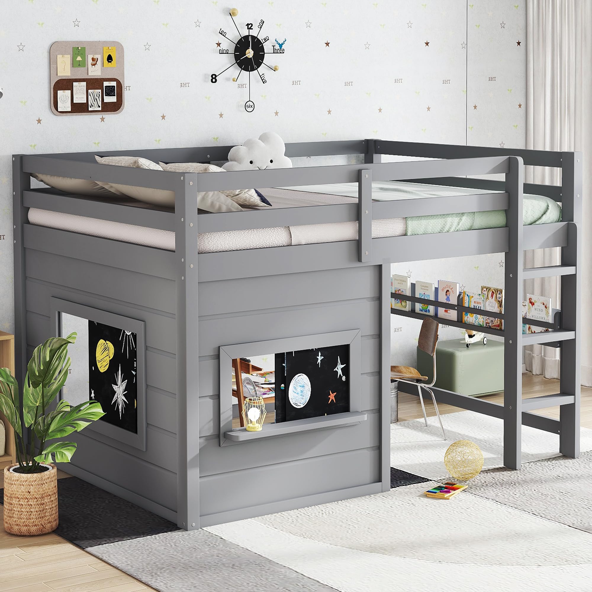 MERITLINE Full Size Loft Bed with Sliding Chalkboard, Built-in Bookshelf, Little House Play & Sleep Design, Safety Rails Frame, White