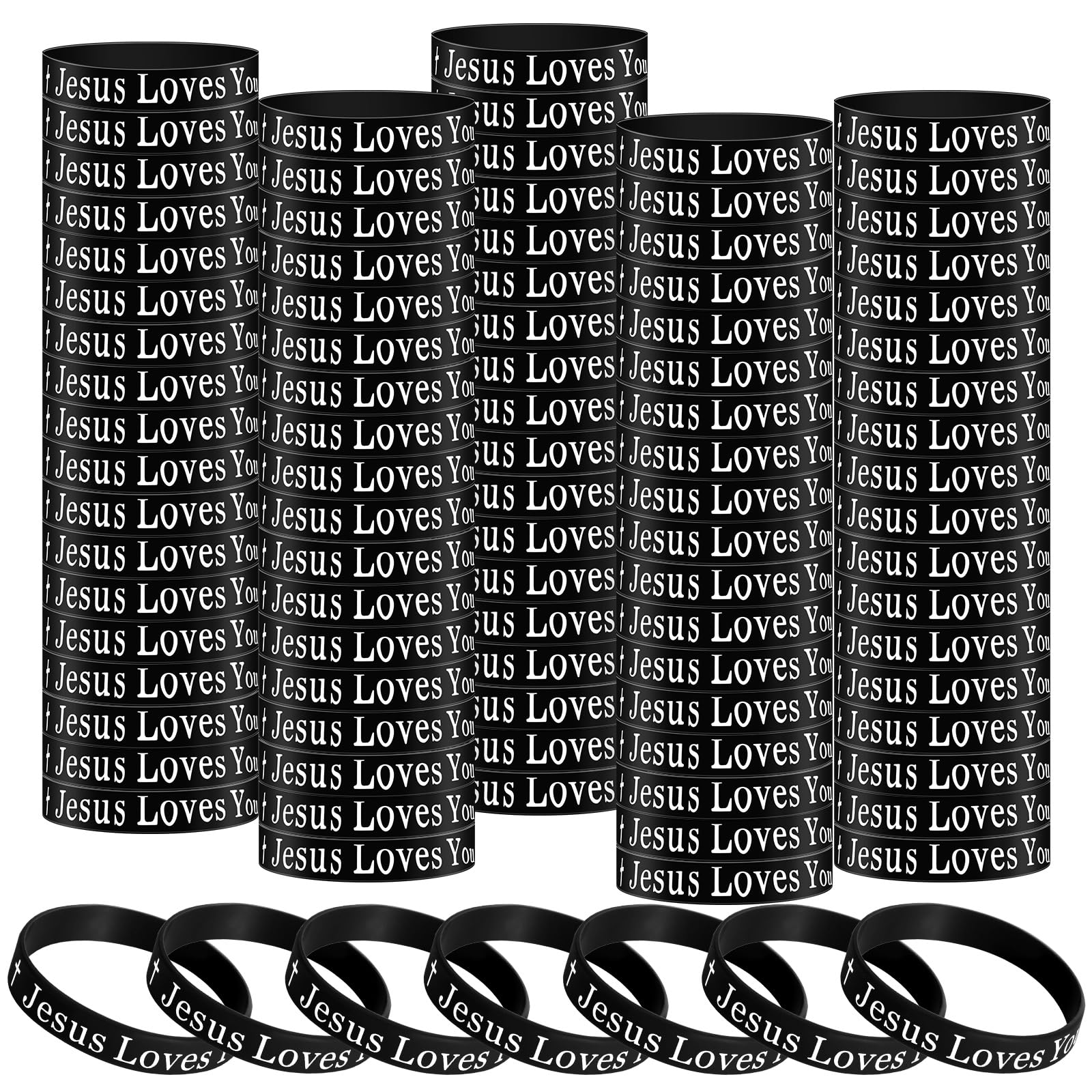 50 Pcs Jesus Loves You Silicone Wristbands Christian Motivational Rubber Bracelets Religious Inspirational Bracelet Church Gifts for Men Women Party Favors Novelty Jewelry(Black)