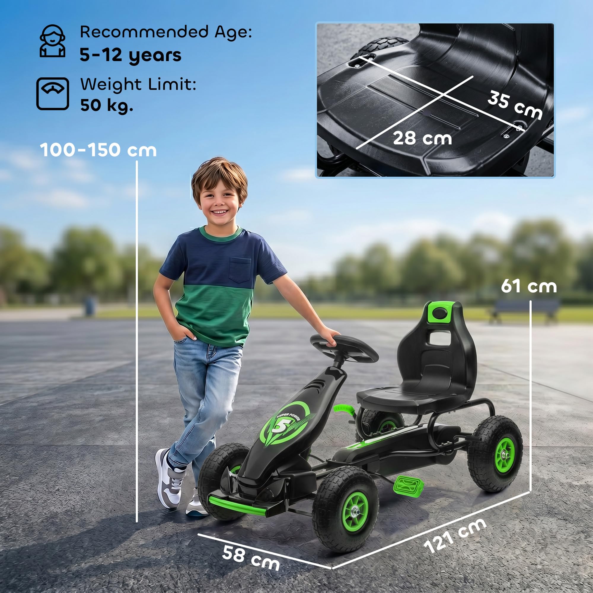 HOMCOM Kart Pedales Coche de Pedales para Niños de 5-12 Años con Asiento Ajustable Neumáticos Inflables Amortiguador y Freno de Mano Carga 50 kg Verde