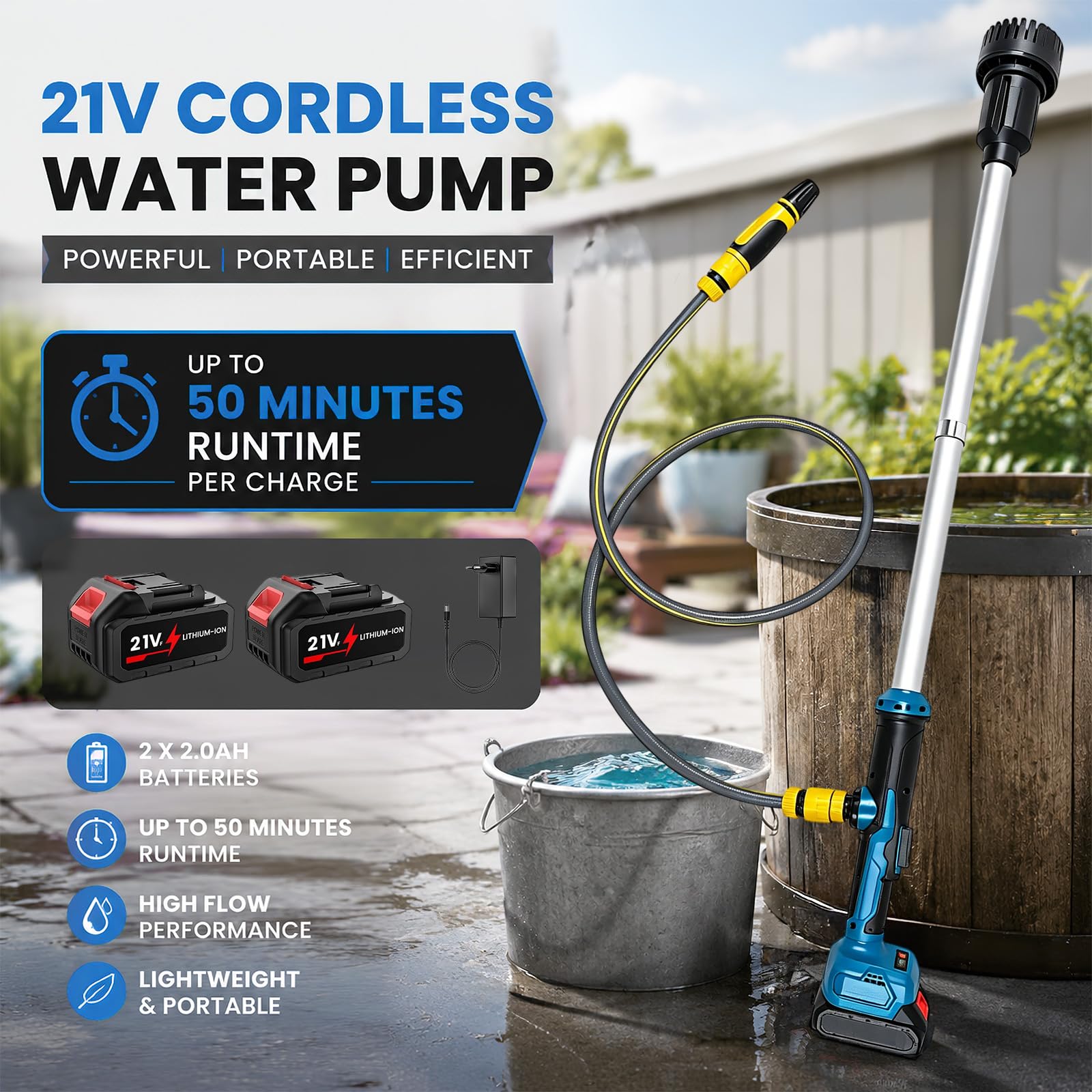 Akku Regenfasspumpe Wasserpumpe für Makita Akkus 18V, Kabellose Stab-Wassertransferpumpe mit 2x3.0Ah Akkus, max. Fördermenge 3000 L/h, Förderhöhe 6m, für Pool, Teich, Keller, Regentonnen (Ohne Akku)