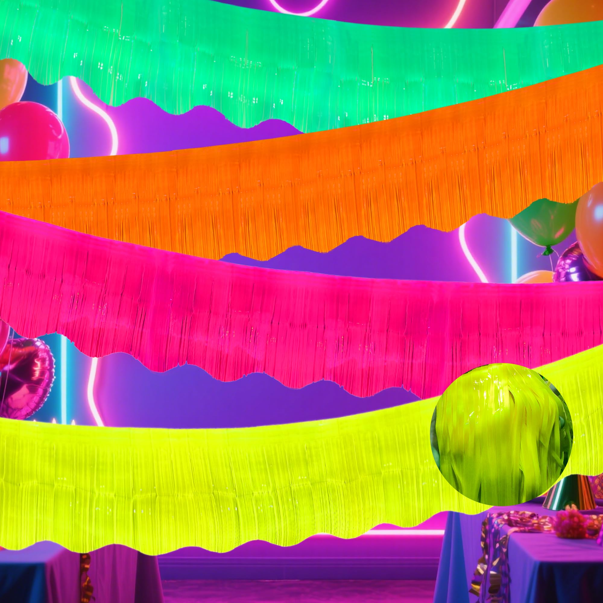 4 Packs 39 Ft Glow in The Dark Party Supplies Fringe Garland, Neon Macaron Parade Float Glow Tinsel Streamers Banner Table Skirts for for Birthday Holiday Neon Party (Green,Fuchsia,Yellow,Orange)