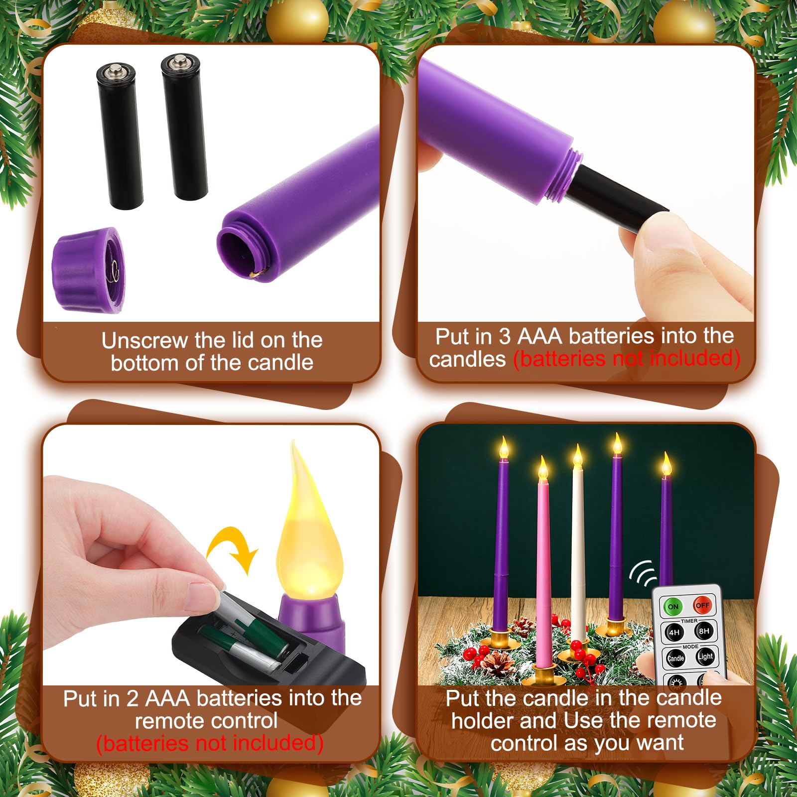 Tioncy Portavelas de corona de Adviento de Navidad de 12 pulgadas con 5 velas sin llama, control remoto, corona, portavelas, decoración de centro de mesa con bayas (pino cedro nevado, 11 x 0.8 x 0.8