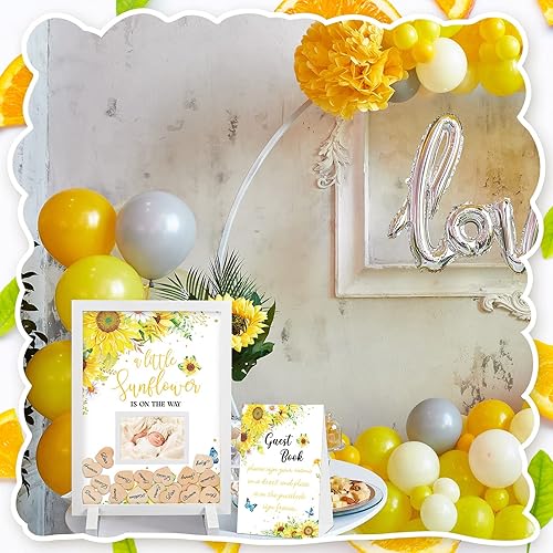 Miniatura 5 de Chunful 65 piezas de decoración de girasol para baby shower, libro de invitados alternativo para baby shower, letrero naranja para baby shower,