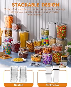 Airtight Food Storage Containers with Lids, 15 PCS Kitchen and Pantry Organization Canisters, BPA-Free, PVC-Free, Food-grade Plastic Leak-proof Jars for Cereal, Flour, Sugar, Extra 24 Labels & Marker