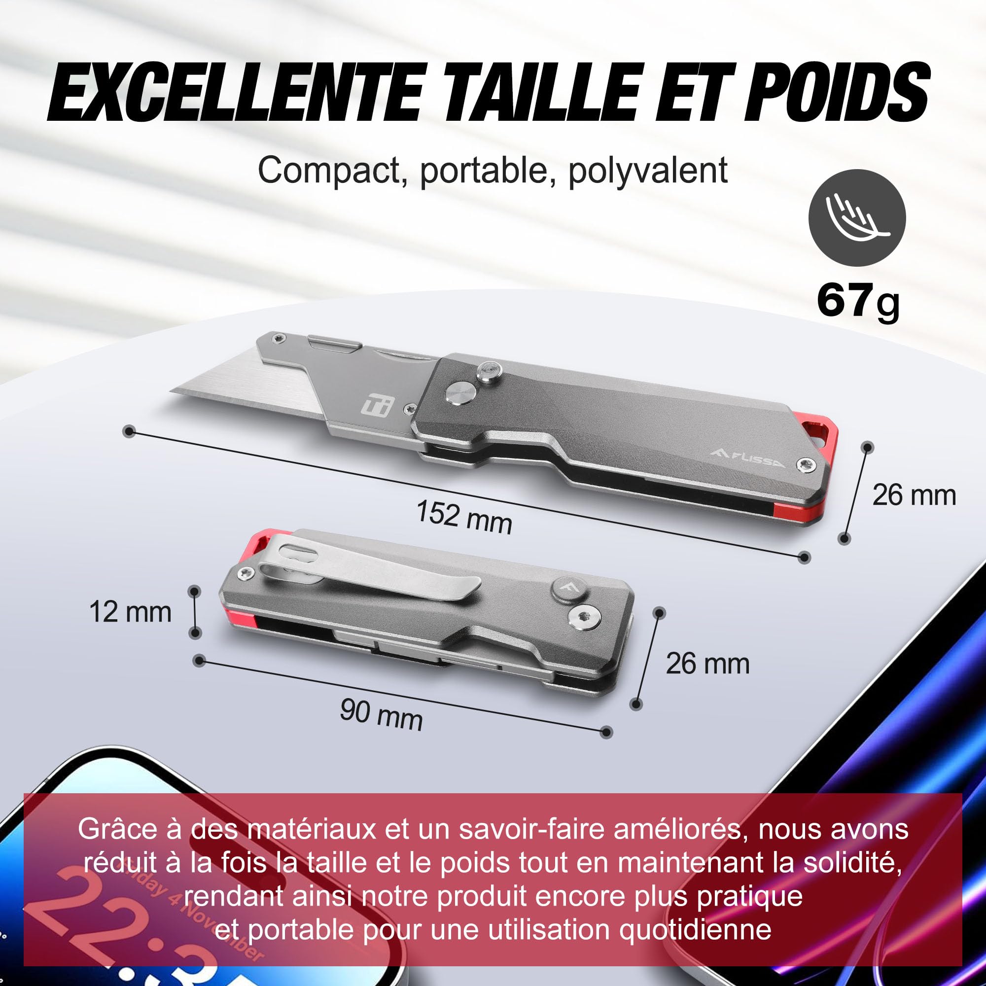FLISSA Cutter Professionnel en Titane, Cutter Pliable avec 10 Lames, Léger