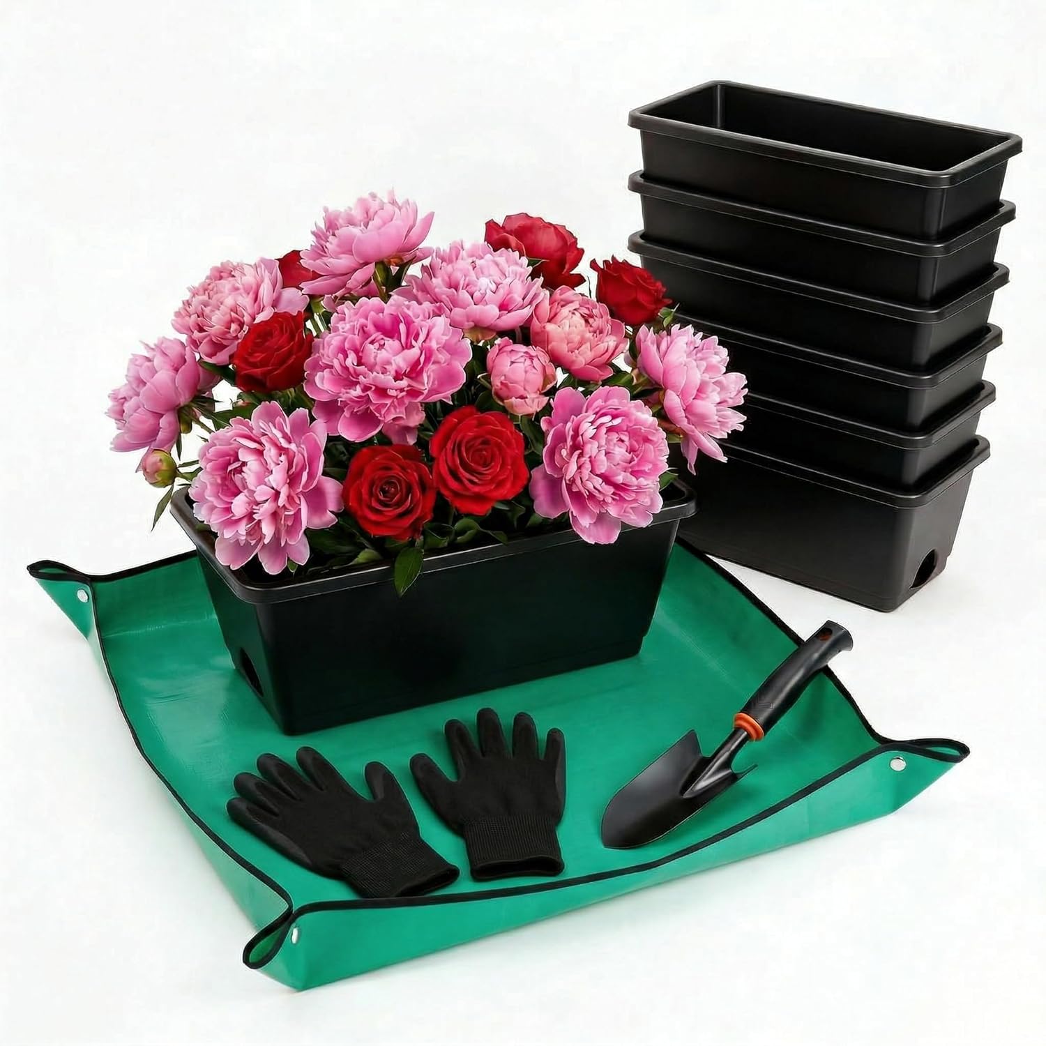 Red Window Box Planters, 7 Pack Rectangular Plastic Flower Planters Boxes with Saucers, 17 Inches Vegetable Planting Pots for Indoor Outdoor Garden, Patio, Windowsill, Home Decor