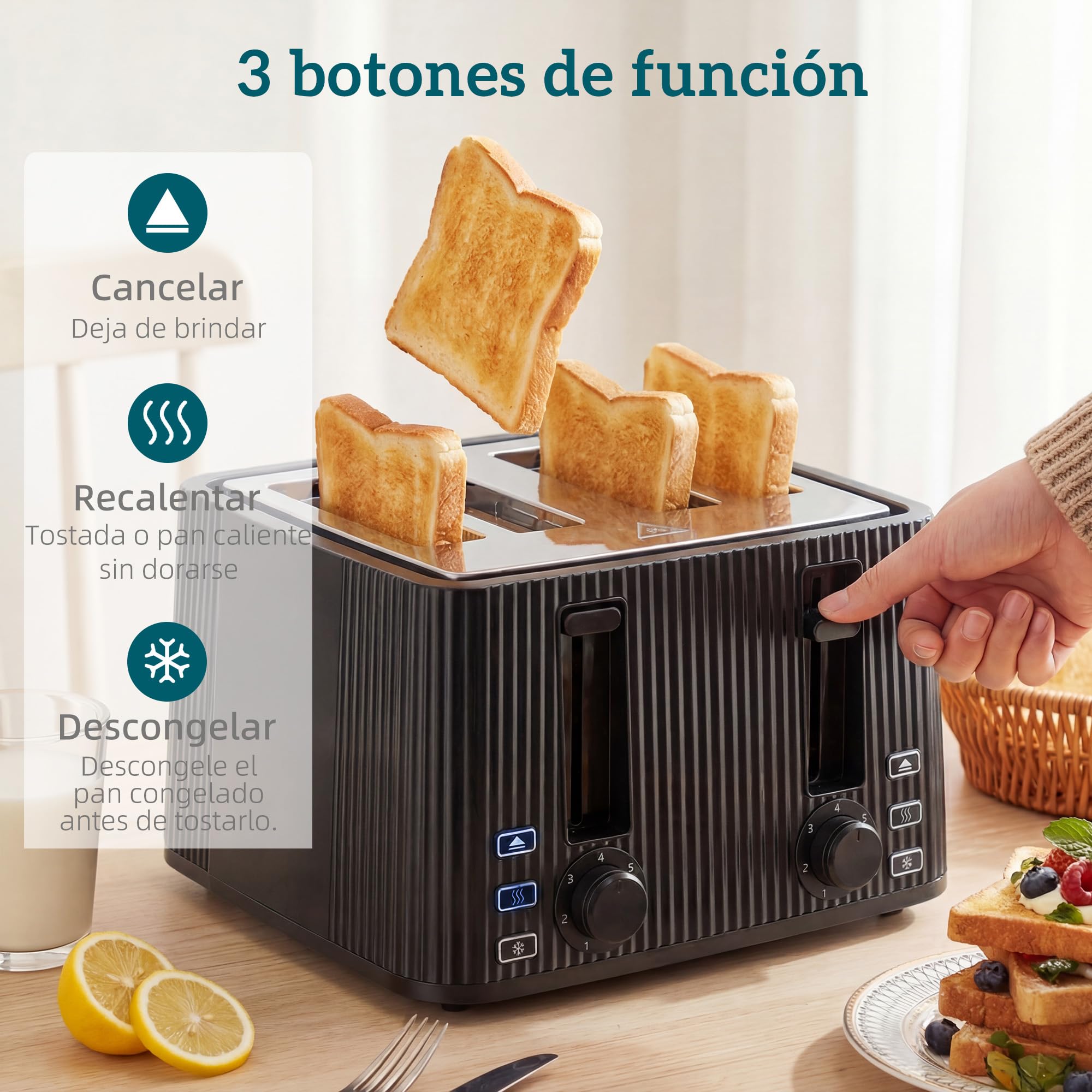 HOMCOM Tostadora 4 Ranuras Anchas 7 Niveles de Tostado, 1710W, Negro | Tostador de Pan, Función Descongelar, Recalentar y Cancelar, Bandeja de Migas Extraíble