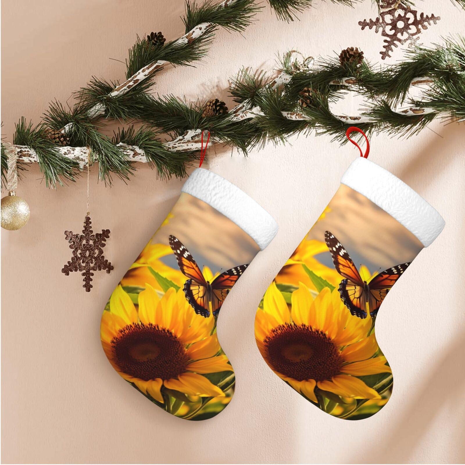 Sunflower Butterfly Christmas Stockings Velvet Xmas Fireplace Hanging Stocking with Plush Cuff Rustic Christmas Santa Stockings for Home Christmas Decorations Party Favor Supplies