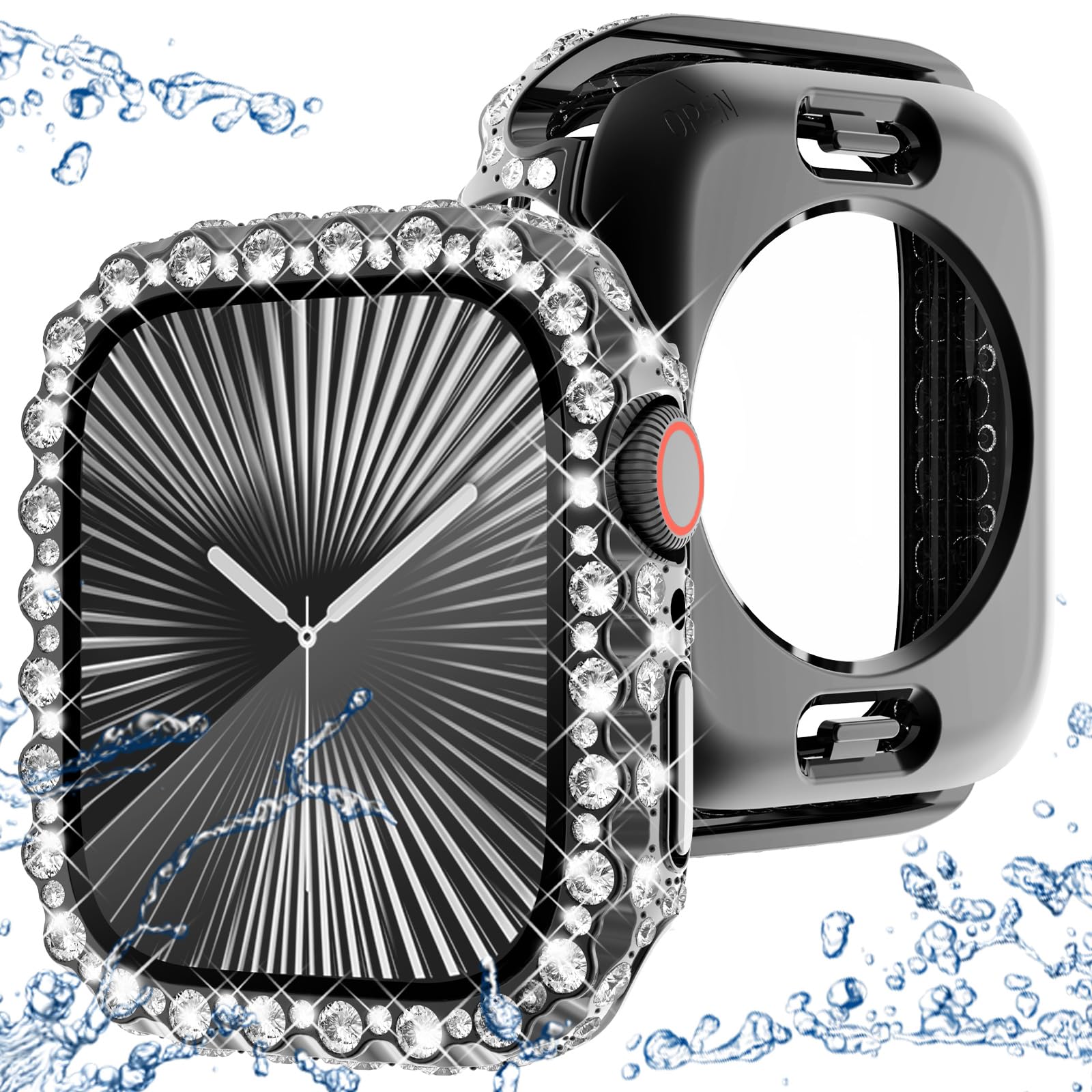 KADES 2 in 1 Bling Bumper Case Compatible with Apple Watch Series 10 46mm,360 Waterproof Diamond Protective Face Cover & Back Case for Women,Hard PC Frame Protector for iWatch 46mm, Black