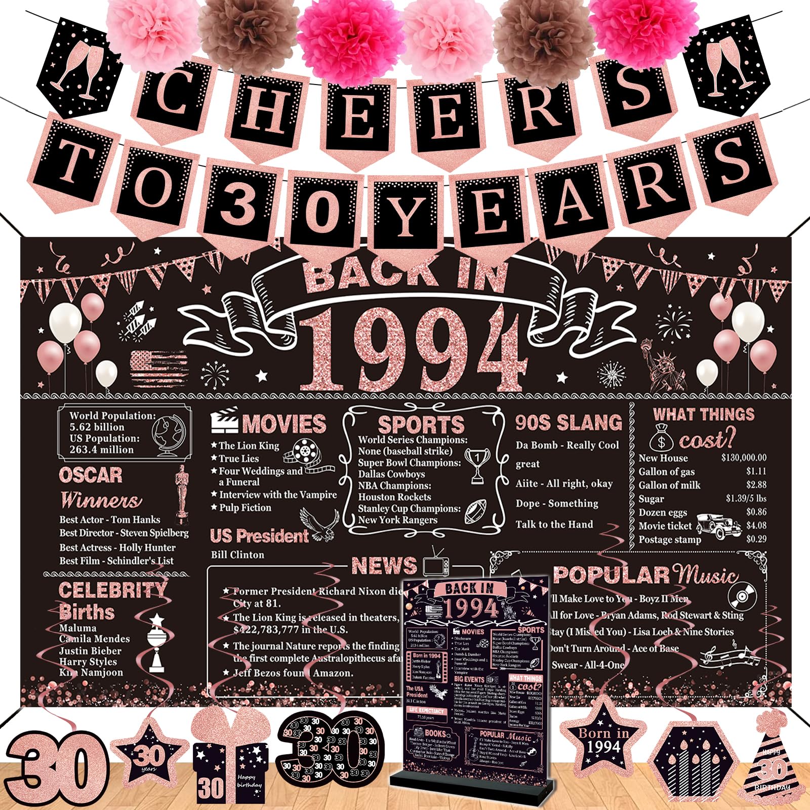 30th Birthday Decorations for Women,16PCS Back in 1994 Banner 30 Year Old Party Decorations,Including Vintage 1994 Banner,1994 Anniversary Card,Cheers to 30 years banner,7 Hanging Swirl,6 paper Poms