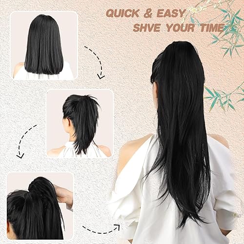 Miniatura 6 de Extensión de cola de caballo marrón oscuro, extensiones de cabello lacio con cordón para mujer, largas y rizadas sintéticas, colas de caballo